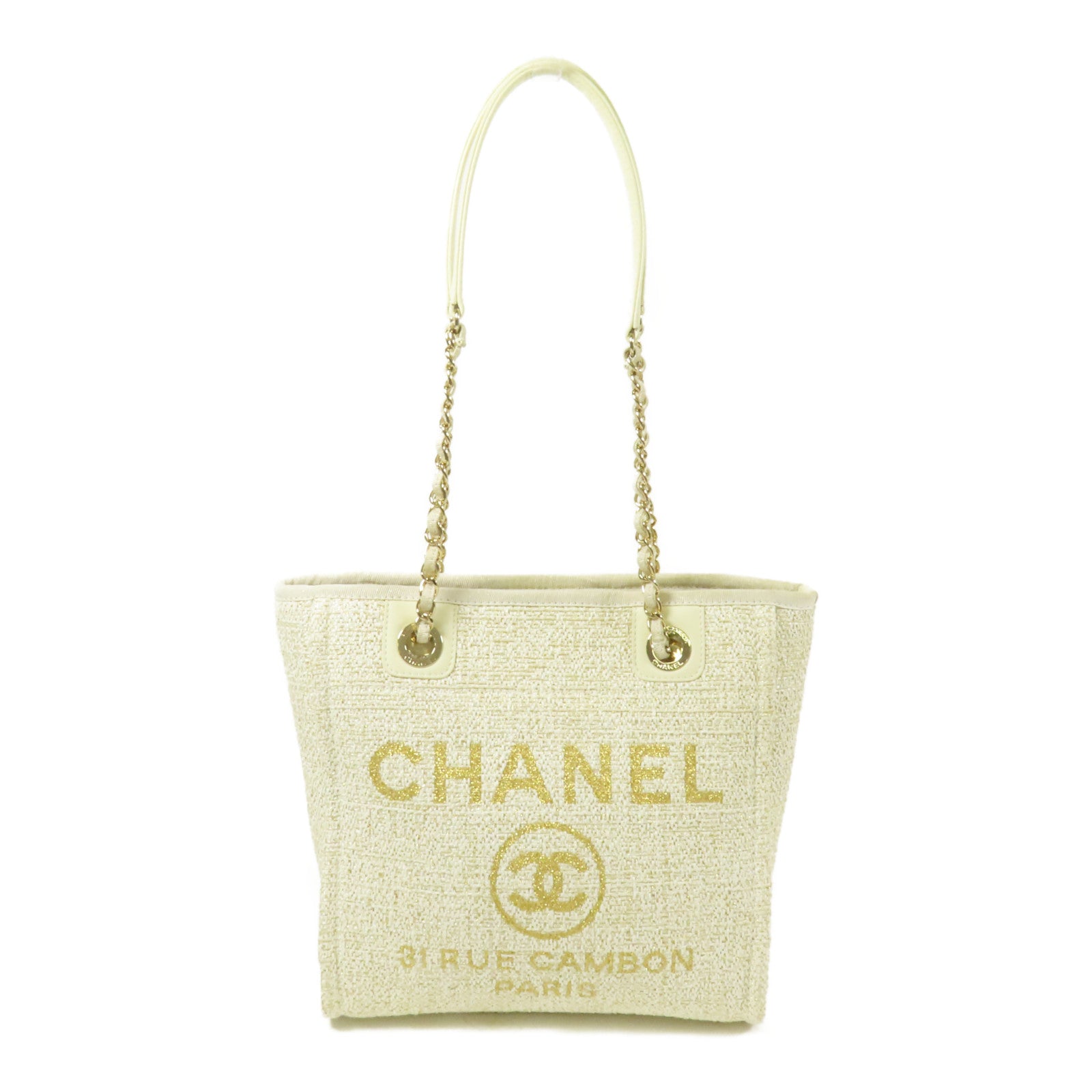 CHANEL Straw Deauville PM金扣肩背袋