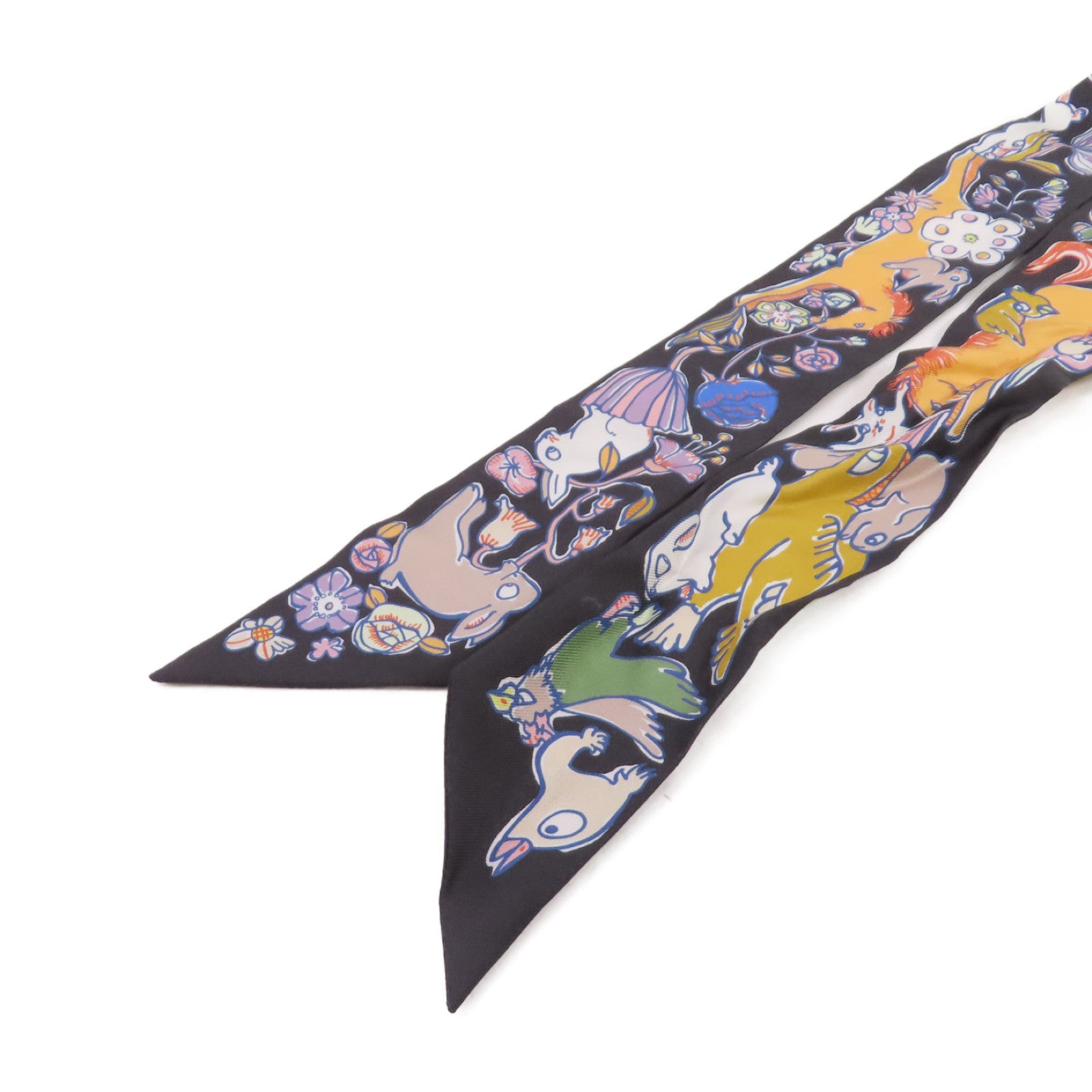 HERMES 絲質Twilly Scarf絲巾黑色/橙色/彩色
