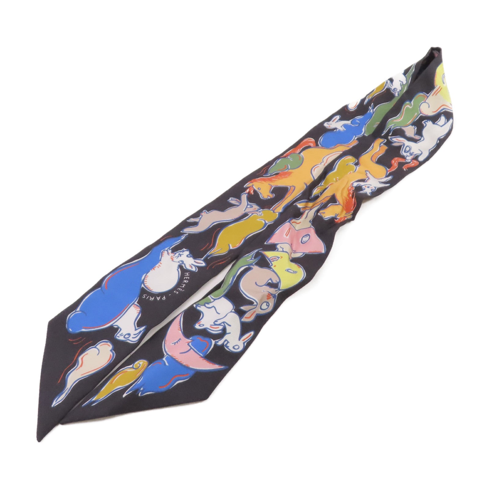 HERMES 絲質Twilly Scarf絲巾黑色/橙色/彩色
