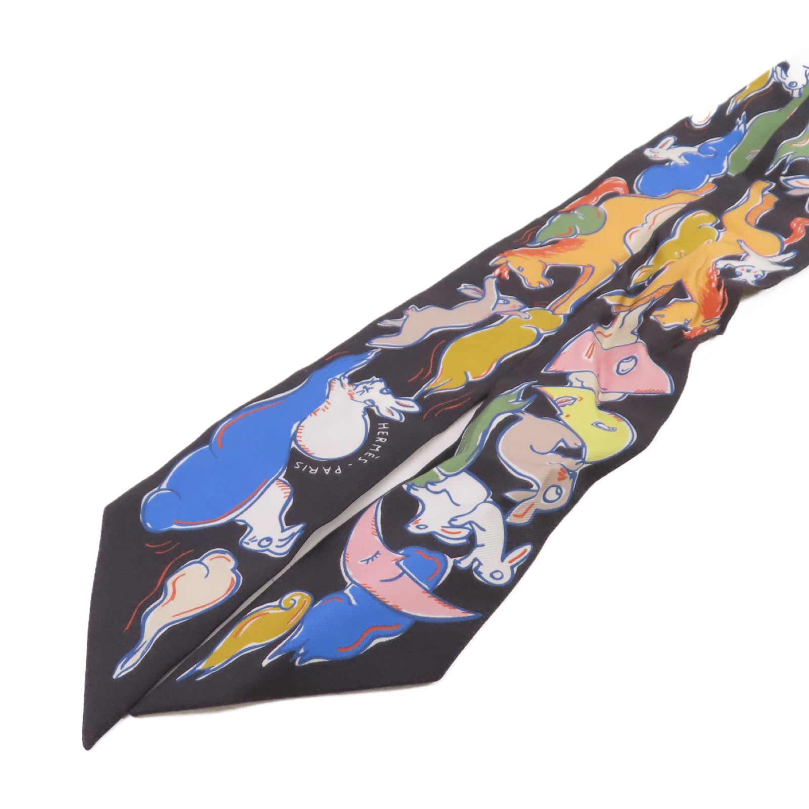 HERMES 絲質Twilly Scarf絲巾黑色/橙色/彩色