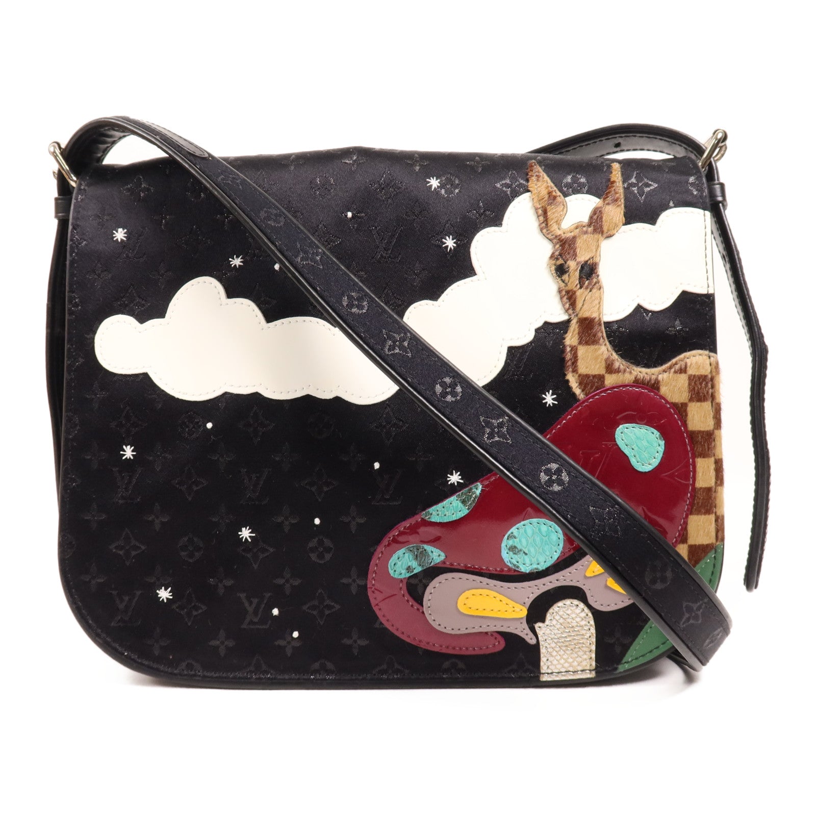 LOUIS VUITTON Monogram Satin Comte De Fe Musette銀扣肩背袋黑色