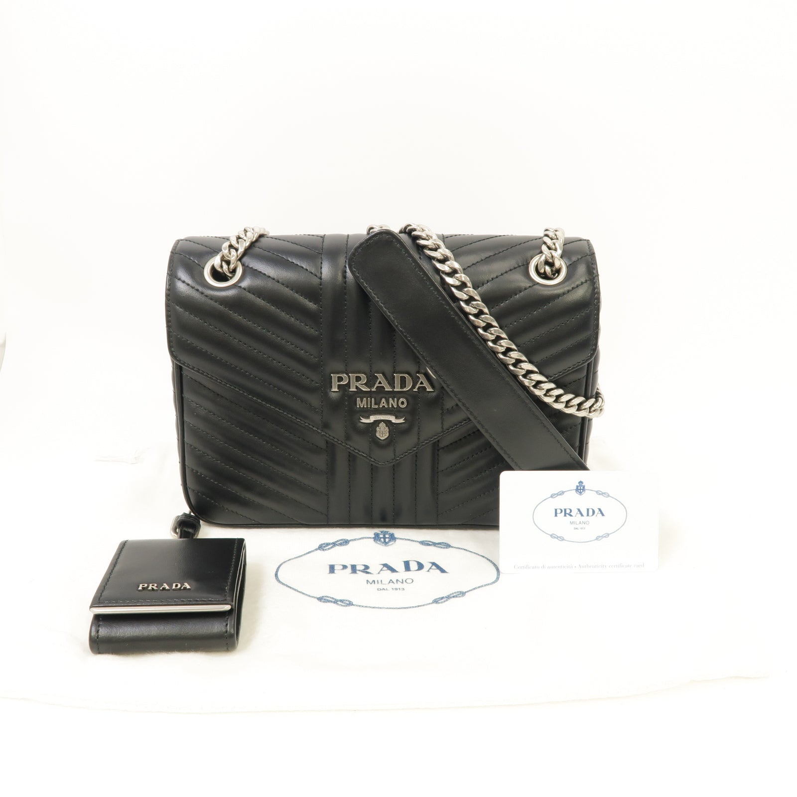 PRADA 牛皮皮革Chain Shoulder Bag銀扣鏈帶肩背袋黑色
