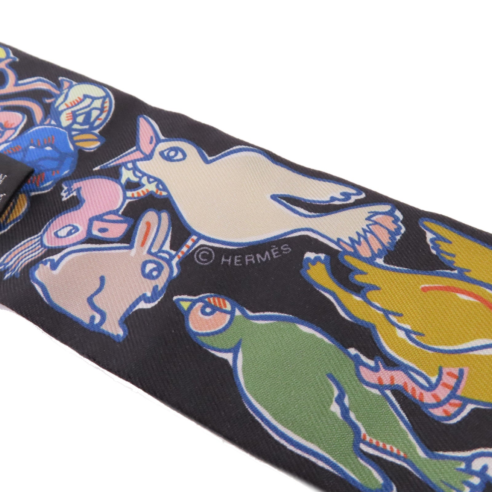 HERMES 絲質Twilly Scarf絲巾黑色/橙色/彩色