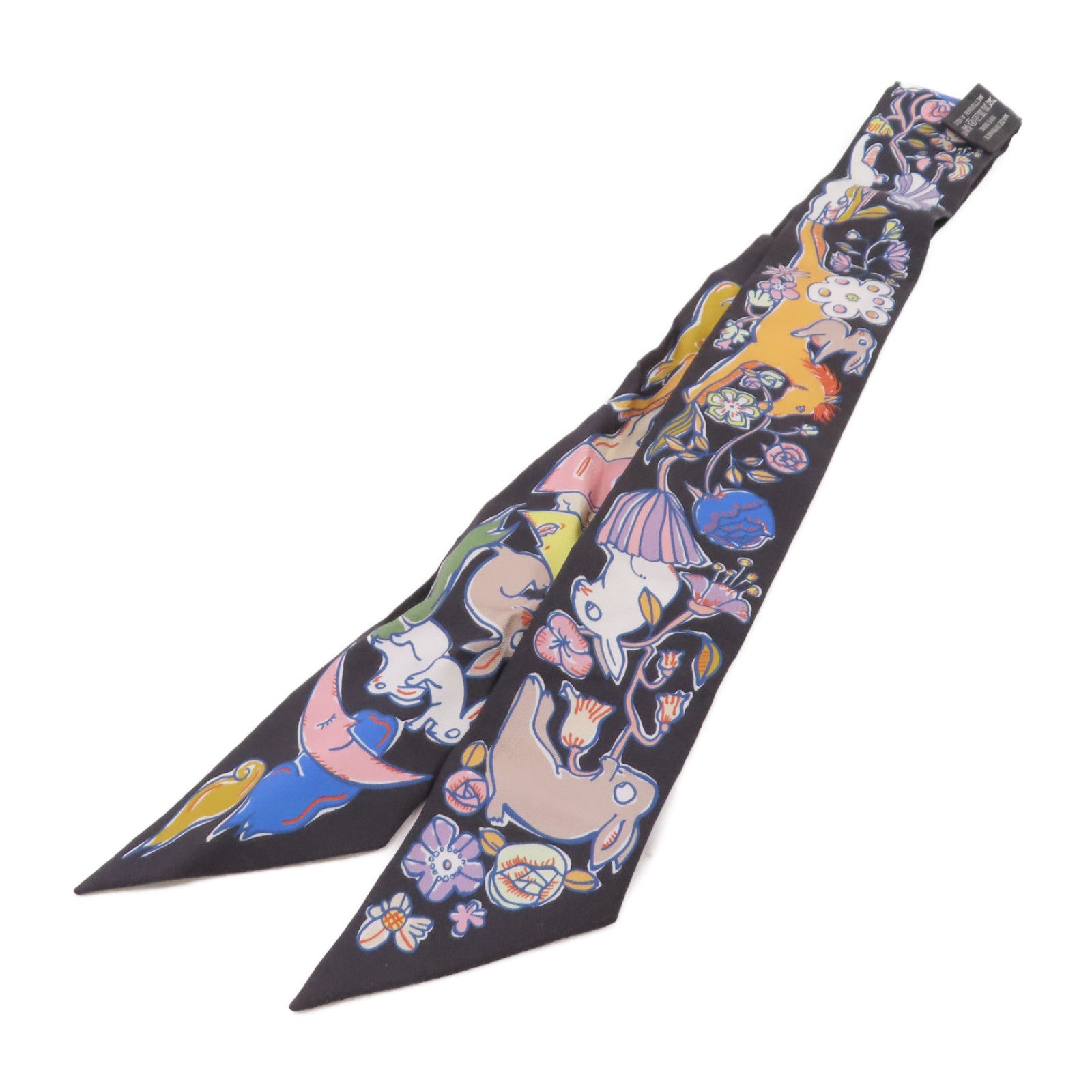 HERMES 絲質Twilly Scarf絲巾黑色/橙色/彩色