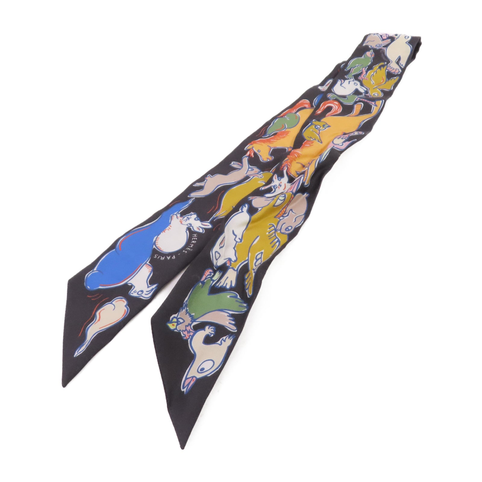 HERMES 絲質Twilly Scarf絲巾黑色/橙色/彩色