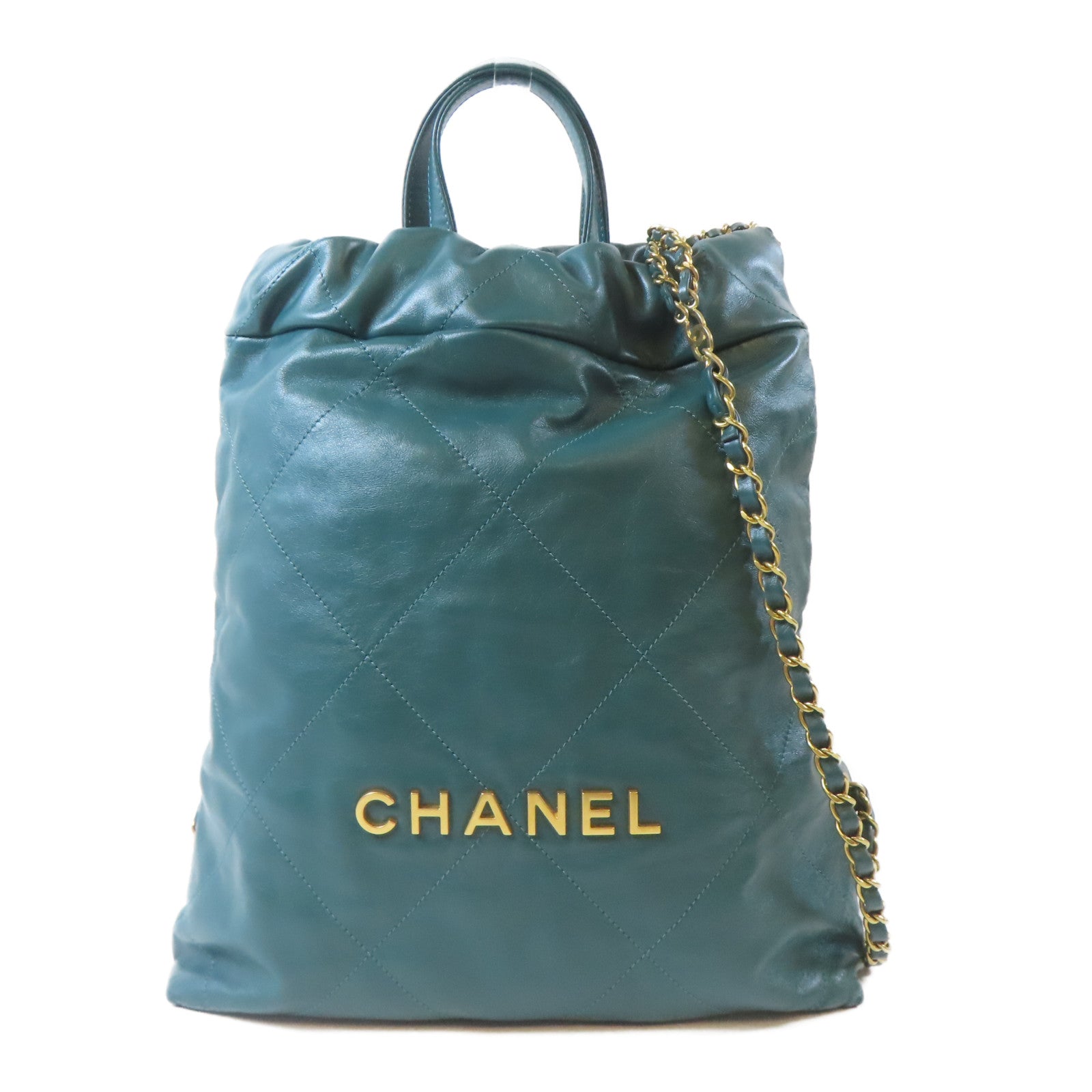 CHANEL 菱格牛皮皮革Chanel 22金扣鏈帶背包綠色