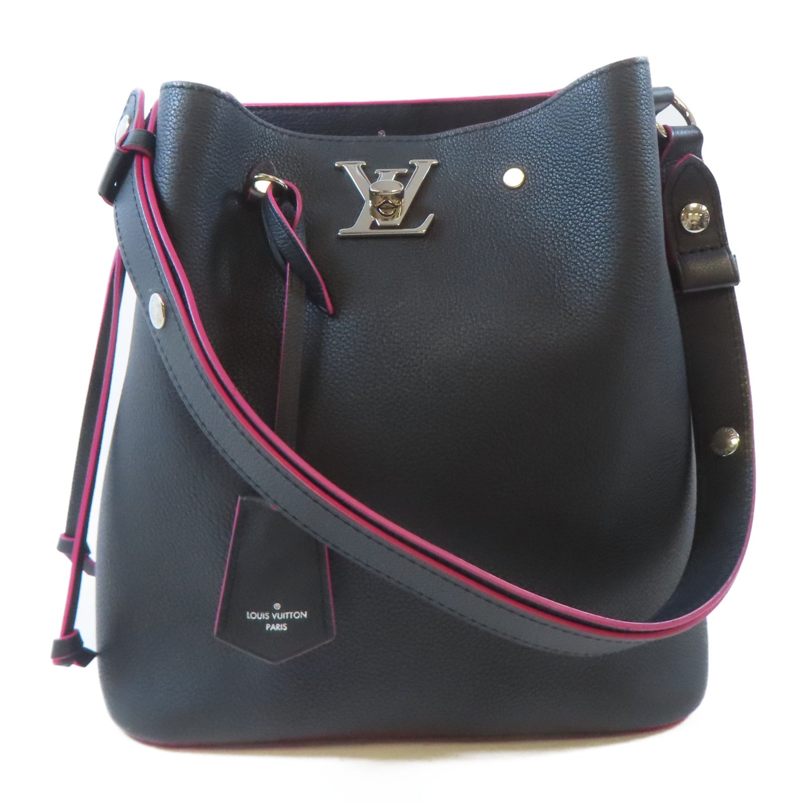 LOUIS VUITTON 牛皮皮革Lockme Bucket Bag銀扣肩背袋黑色