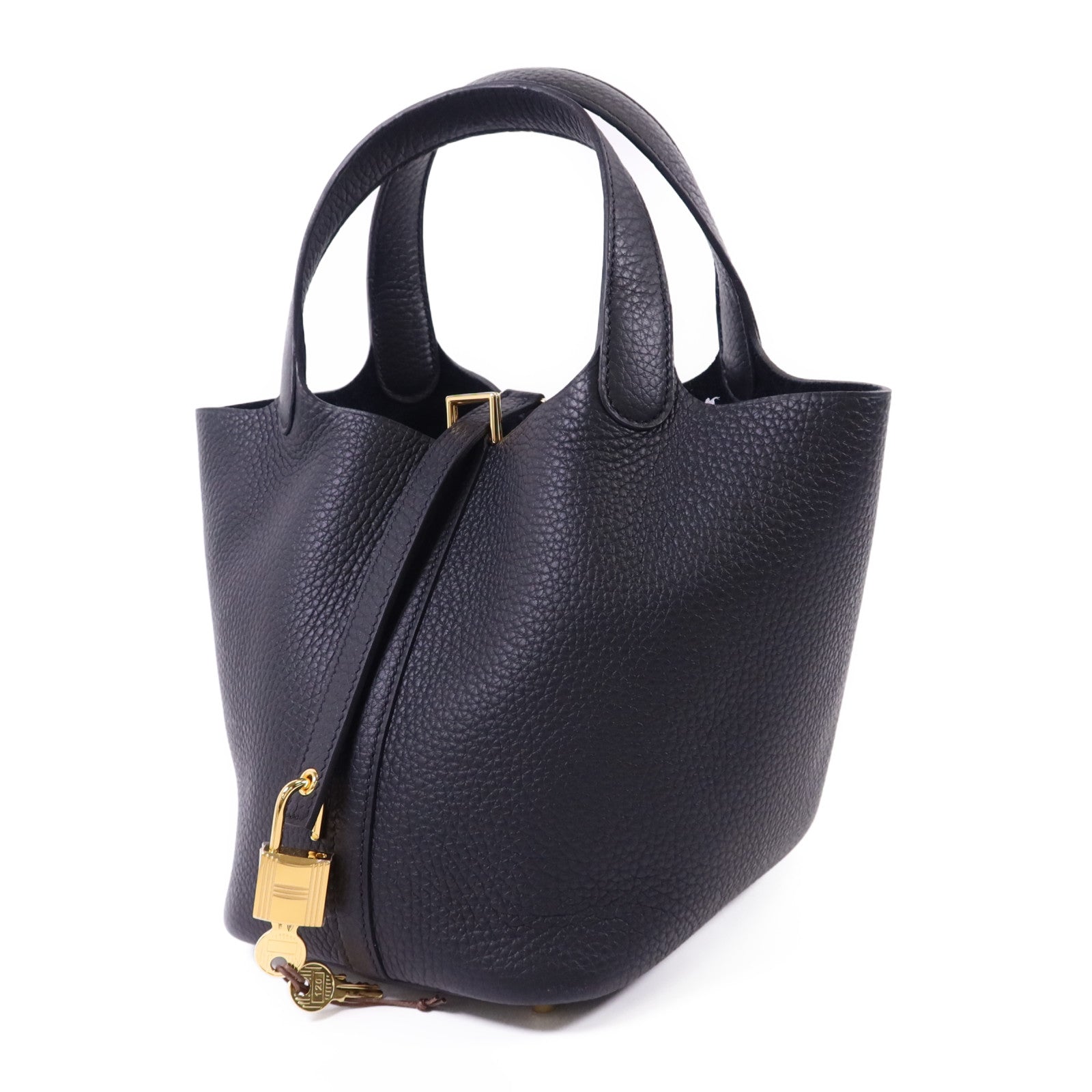 HERMES Clemence皮革Picotin PM金扣手挽袋Noir