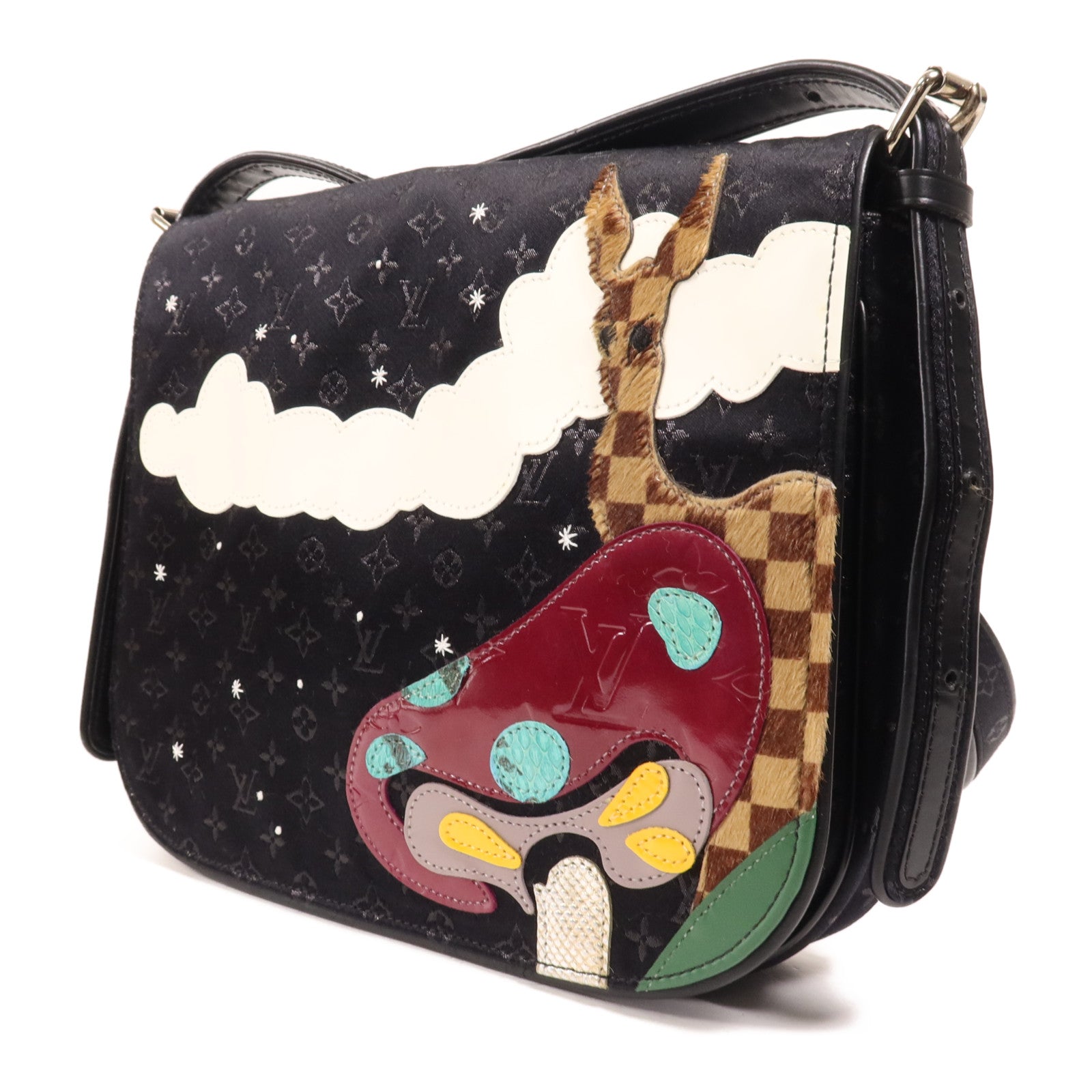 LOUIS VUITTON Monogram Satin Comte De Fe Musette銀扣肩背袋黑色