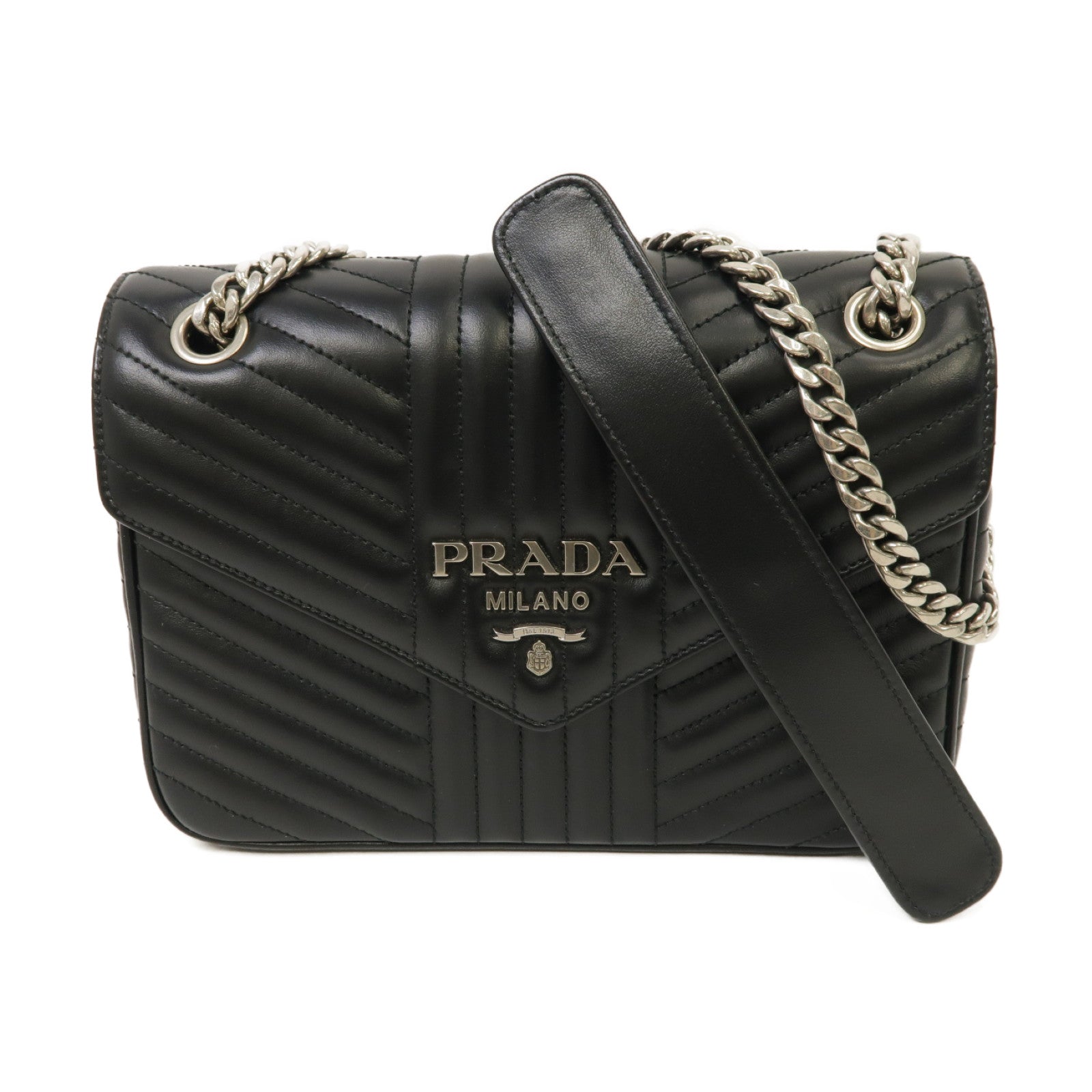 PRADA 牛皮皮革Chain Shoulder Bag銀扣鏈帶肩背袋黑色
