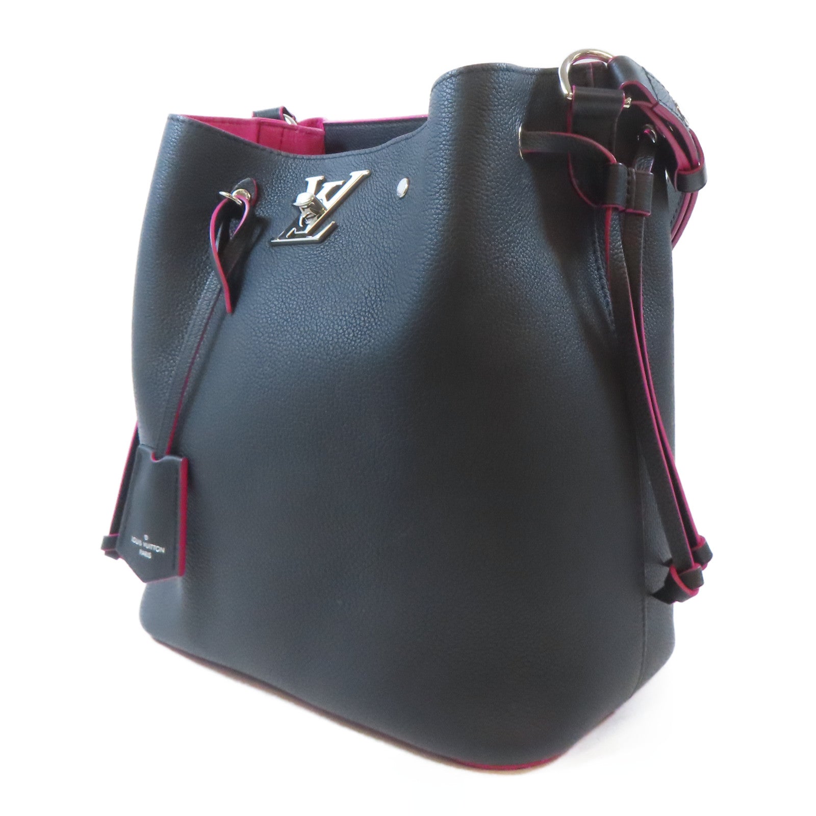LOUIS VUITTON 牛皮皮革Lockme Bucket Bag銀扣肩背袋黑色