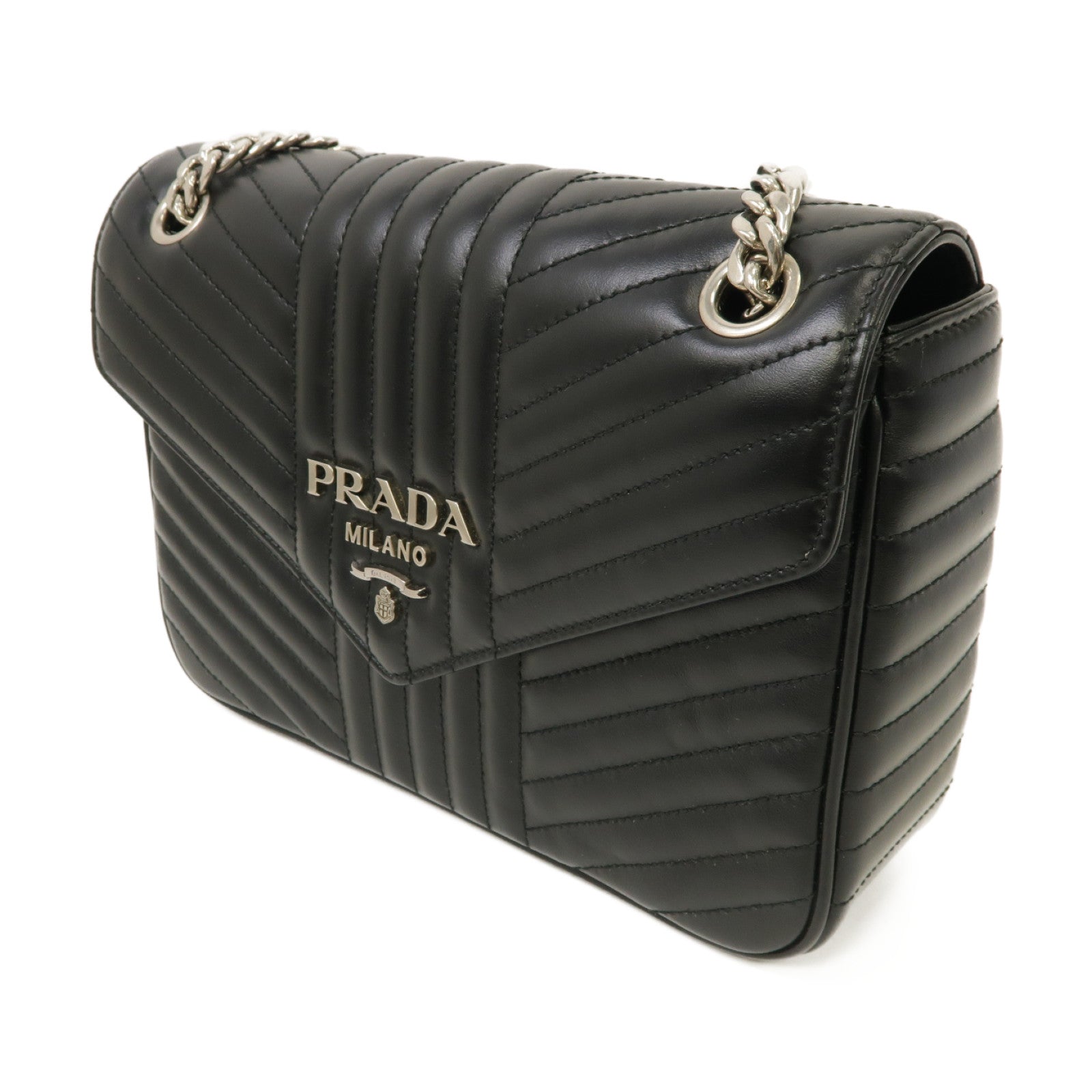 PRADA 牛皮皮革Chain Shoulder Bag銀扣鏈帶肩背袋黑色