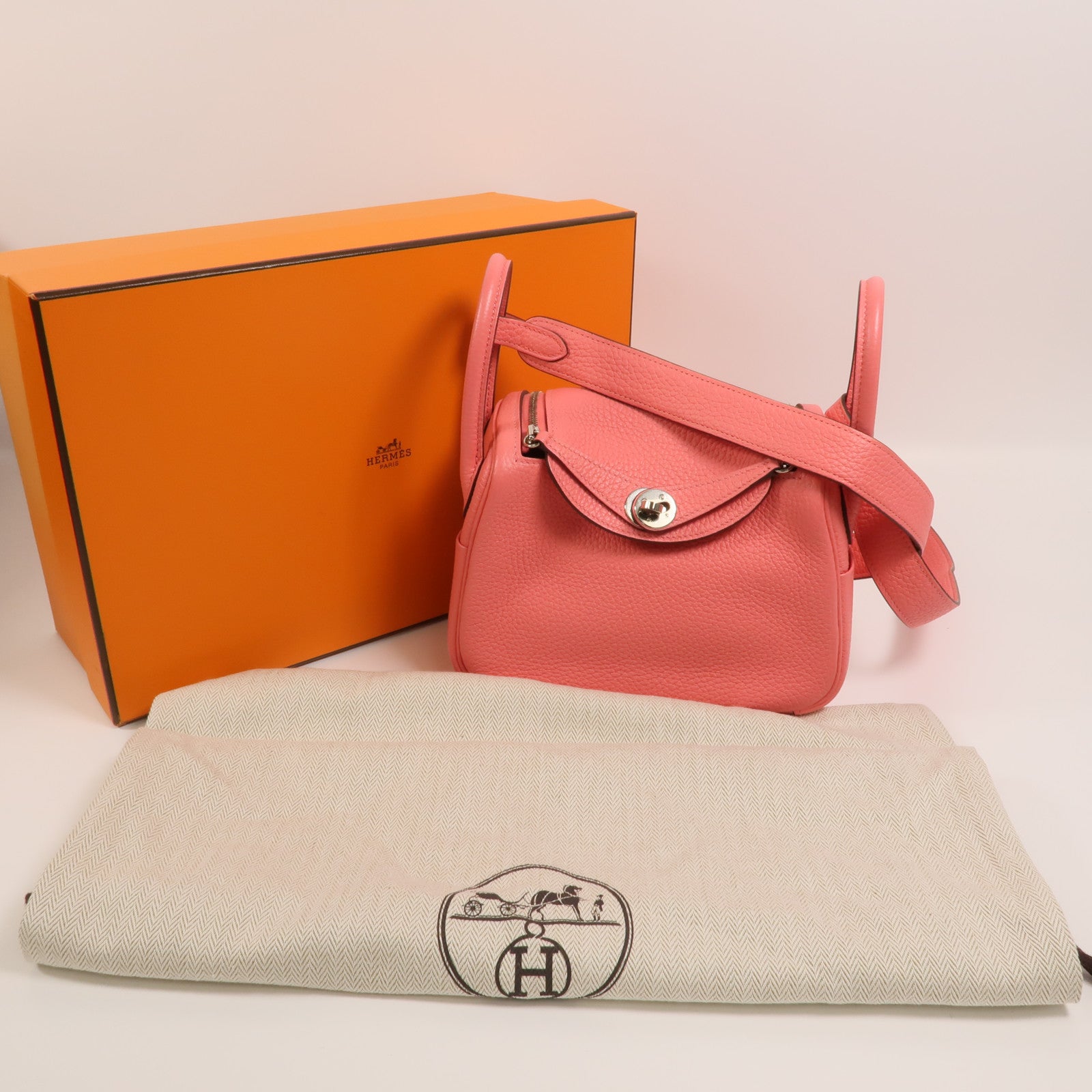 HERMES Clemence皮革Mini Lindy手挽肩背兩用袋Rose Azalee