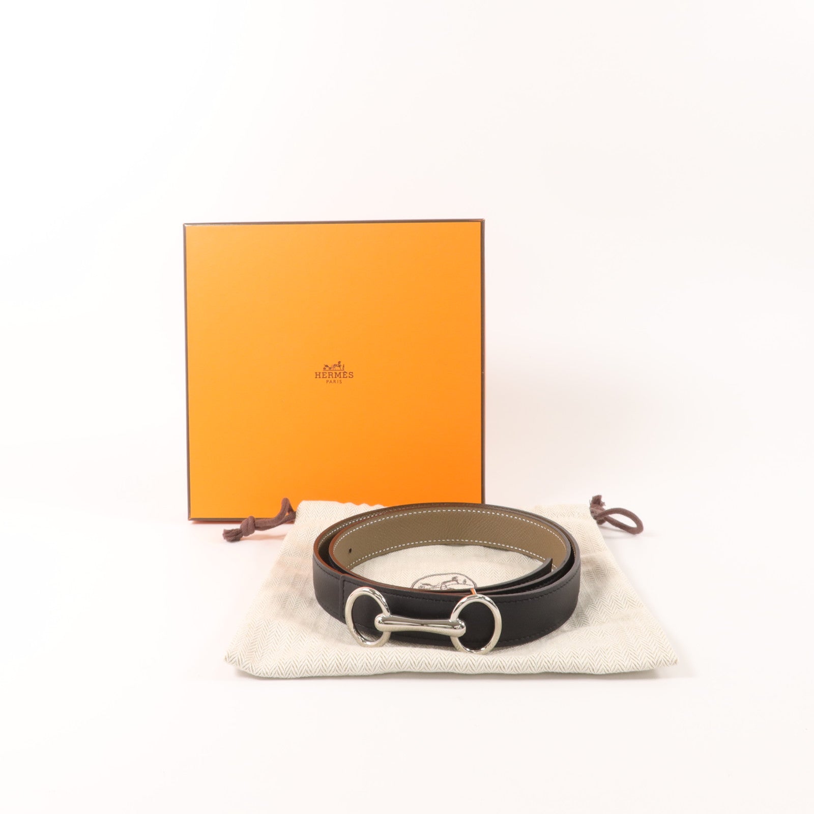 HERMES Epsom皮革/Swift皮革Horsebit Reversible Belt皮帶Noir/Etoupe