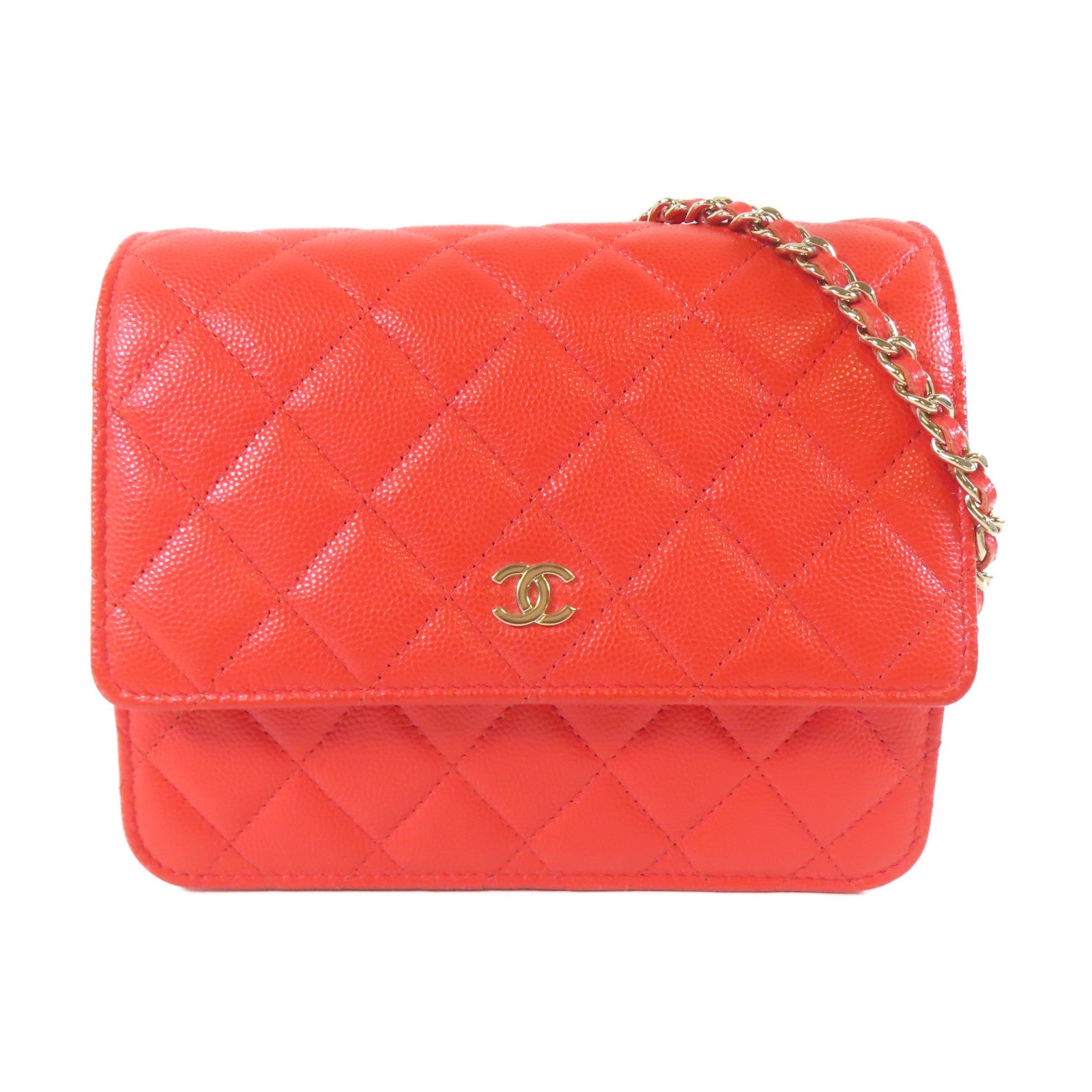 CHANEL 菱格Caviar皮革Chain Shoulder金扣鏈帶肩背袋紅色