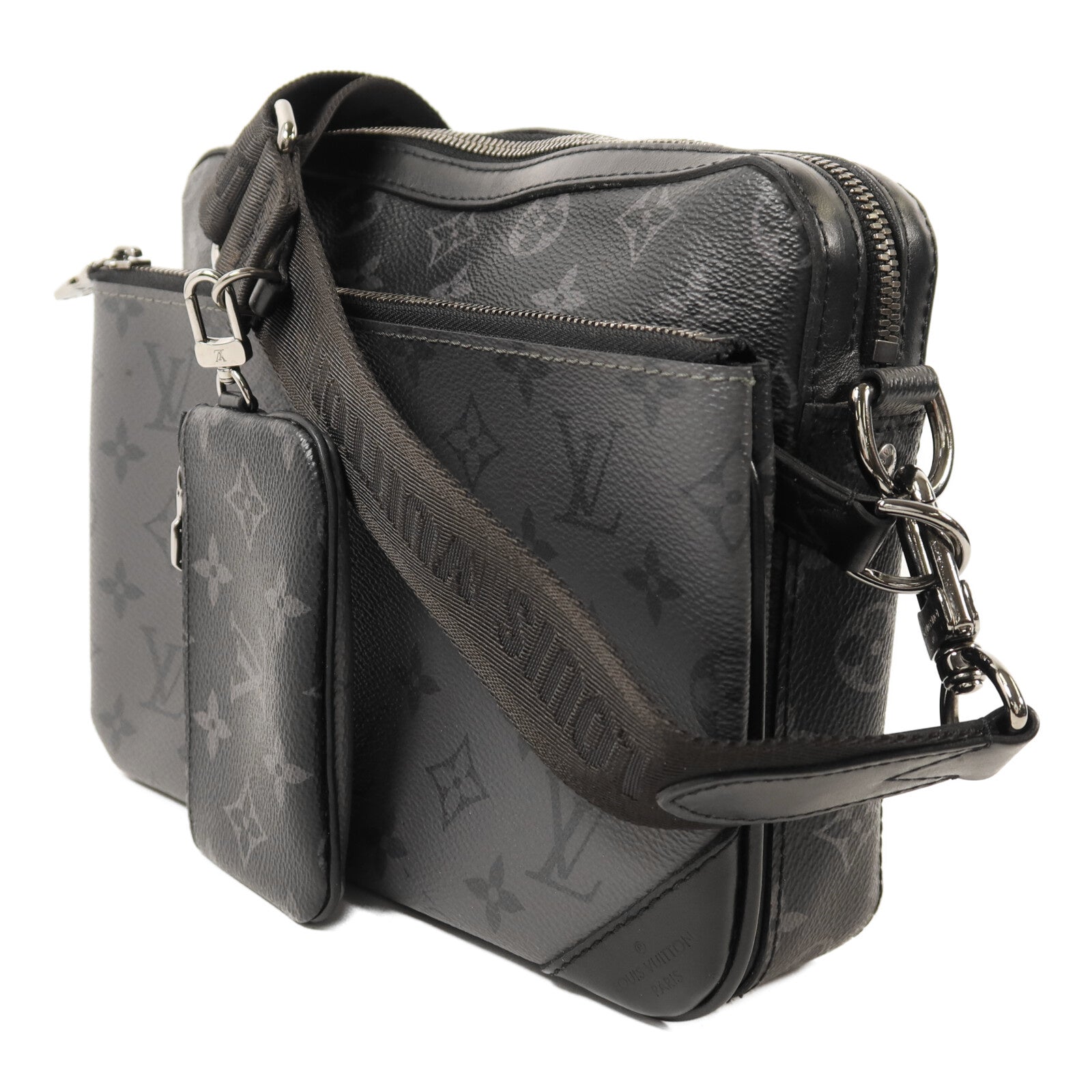 LOUIS VUITTON Monogram Eclipse Reverse Trio Messenger銀扣肩背袋灰色