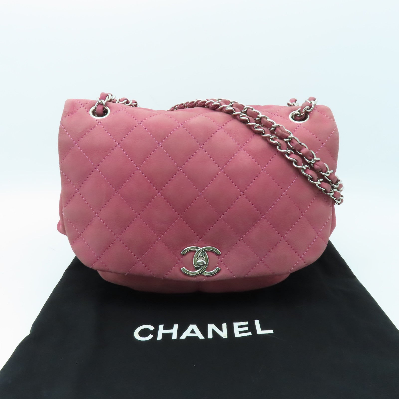 CHANEL 【清倉大減價】菱格牛皮皮革Chain Shoulder銀扣鏈帶肩背袋粉紅色
