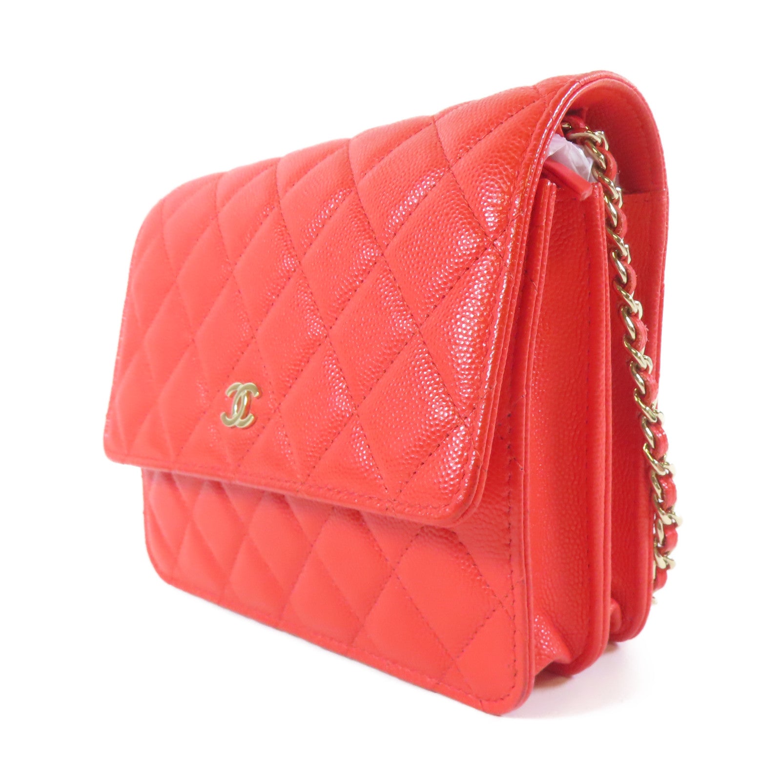 CHANEL 菱格Caviar皮革Chain Shoulder金扣鏈帶肩背袋紅色
