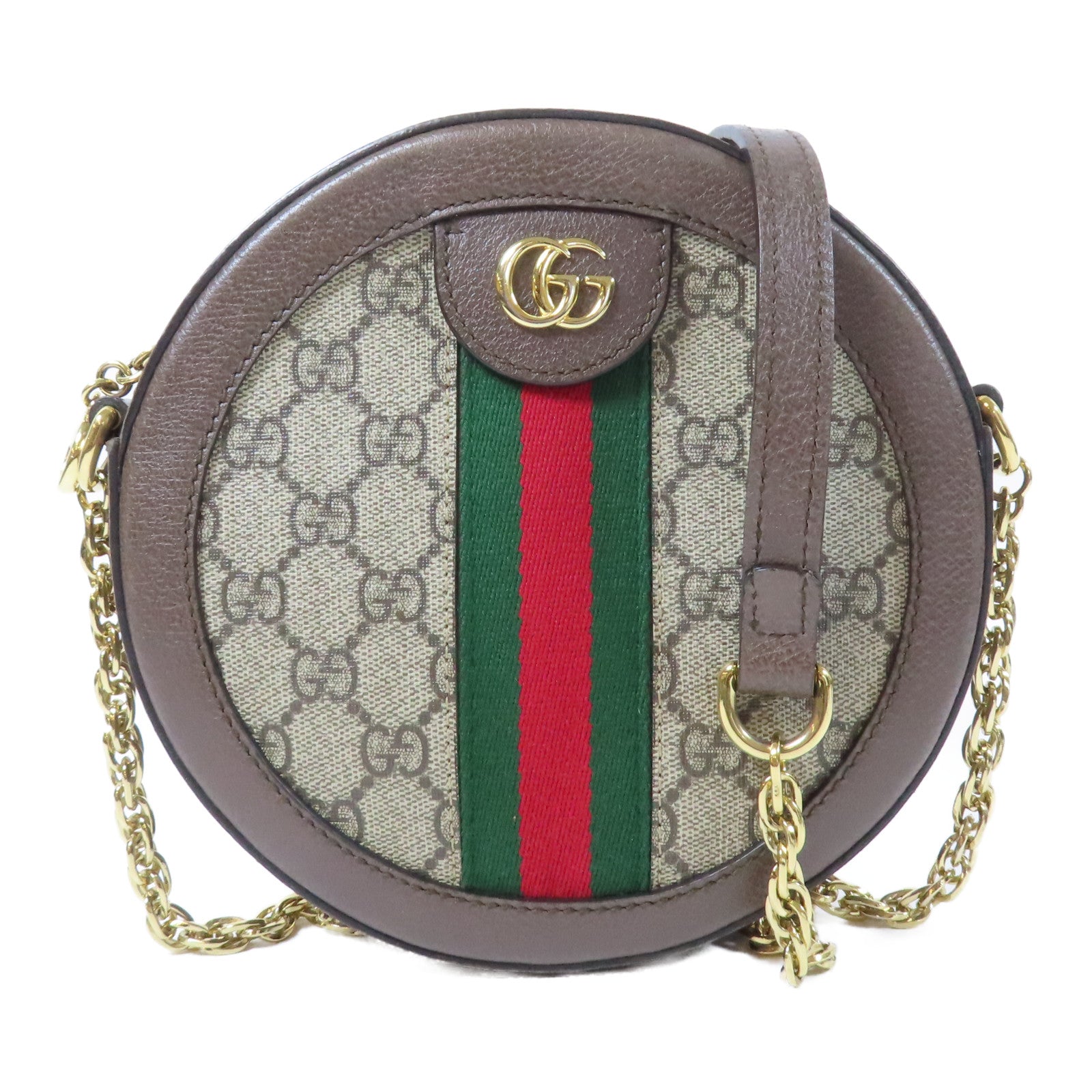 GUCCI 塗層帆布Ophidia GG Mini Round Shoulder Bag金扣鏈帶肩背袋啡色