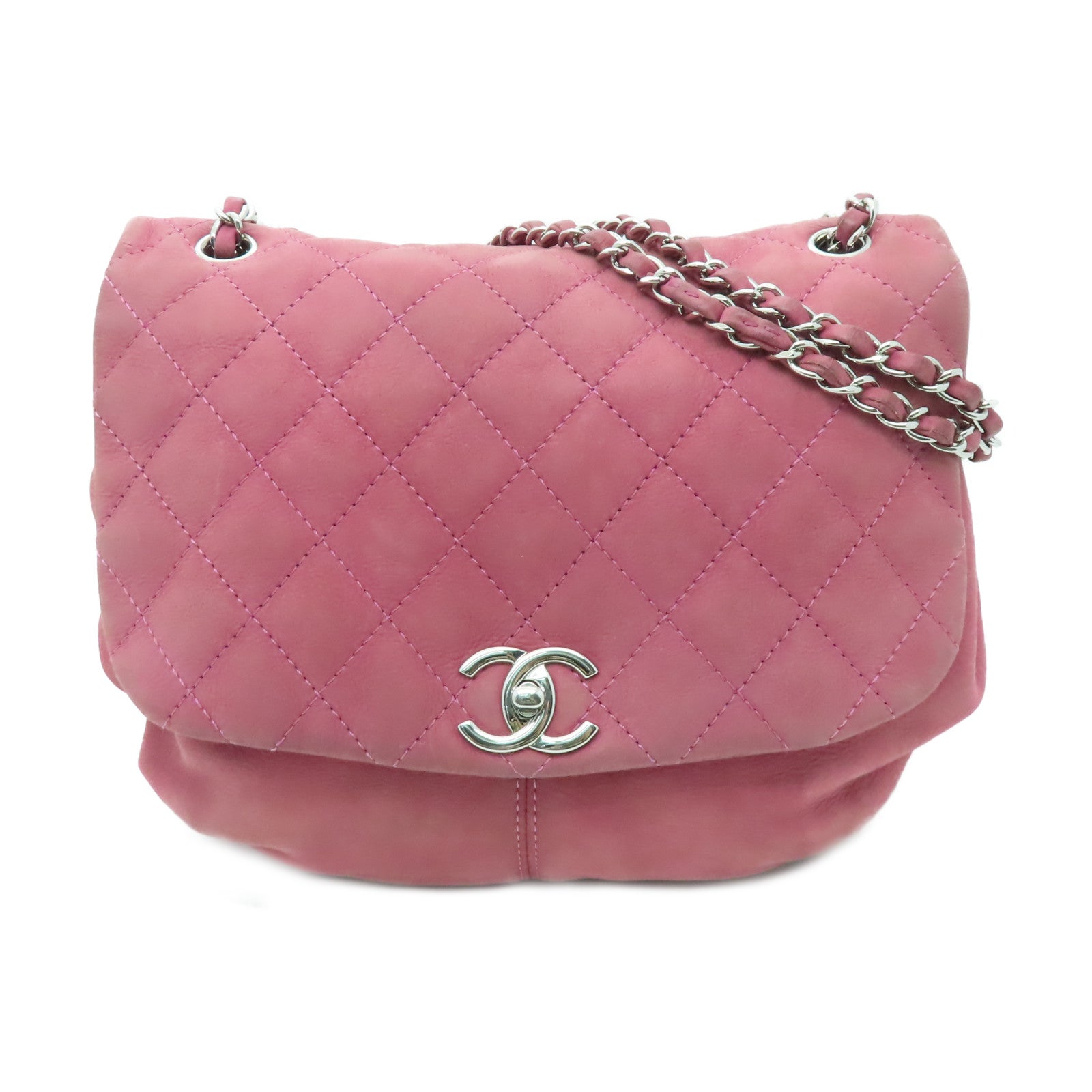 CHANEL 【清倉大減價】菱格牛皮皮革Chain Shoulder銀扣鏈帶肩背袋粉紅色