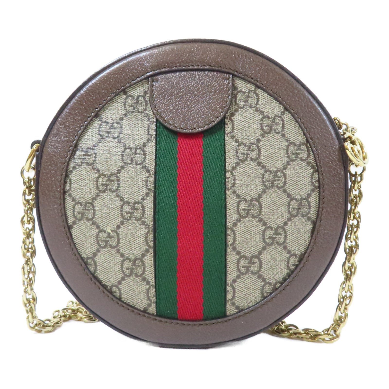 GUCCI 塗層帆布Ophidia GG Mini Round Shoulder Bag金扣鏈帶肩背袋啡色
