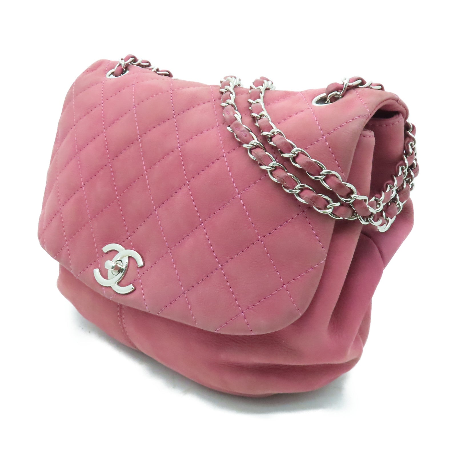 CHANEL 【清倉大減價】菱格牛皮皮革Chain Shoulder銀扣鏈帶肩背袋粉紅色