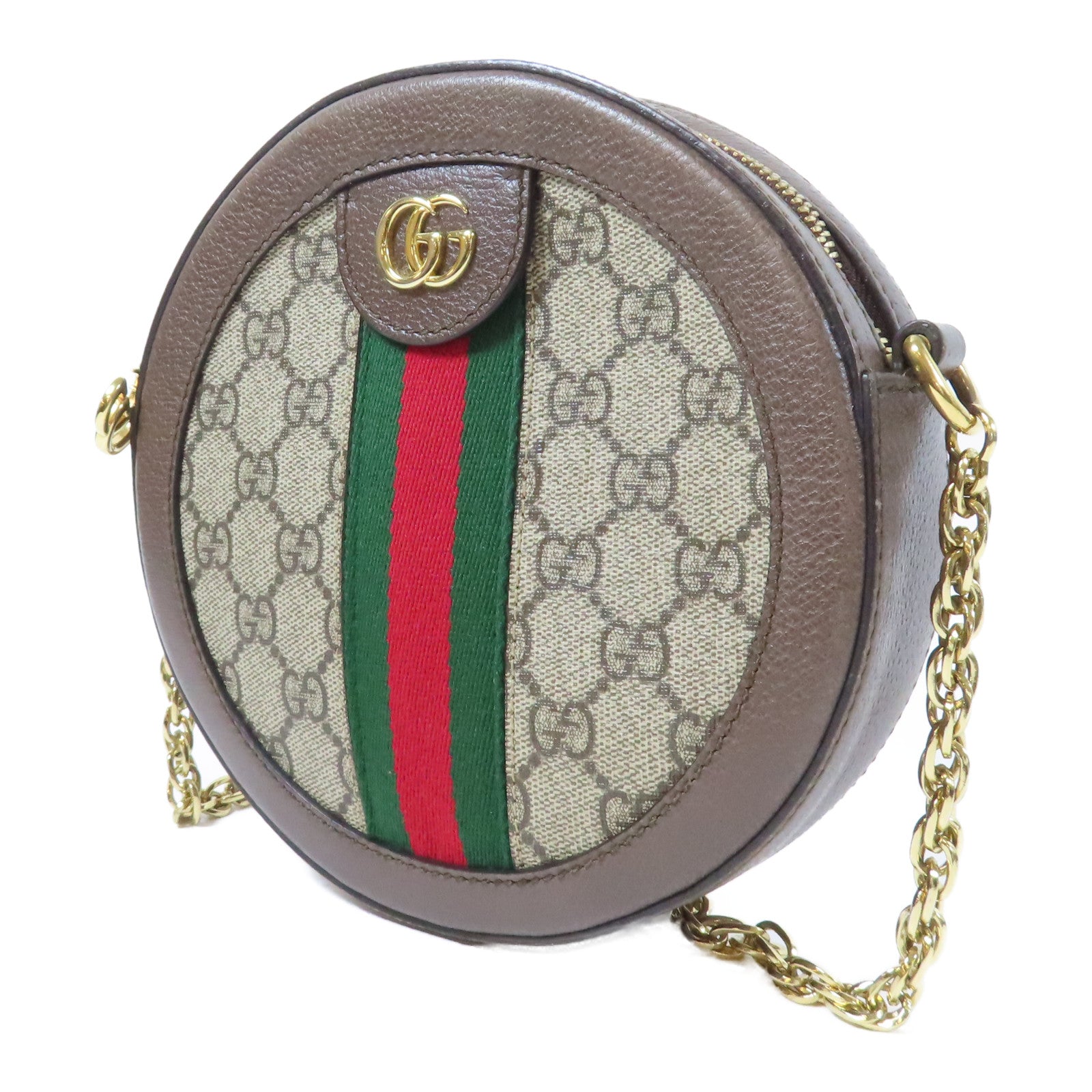 GUCCI 塗層帆布Ophidia GG Mini Round Shoulder Bag金扣鏈帶肩背袋啡色