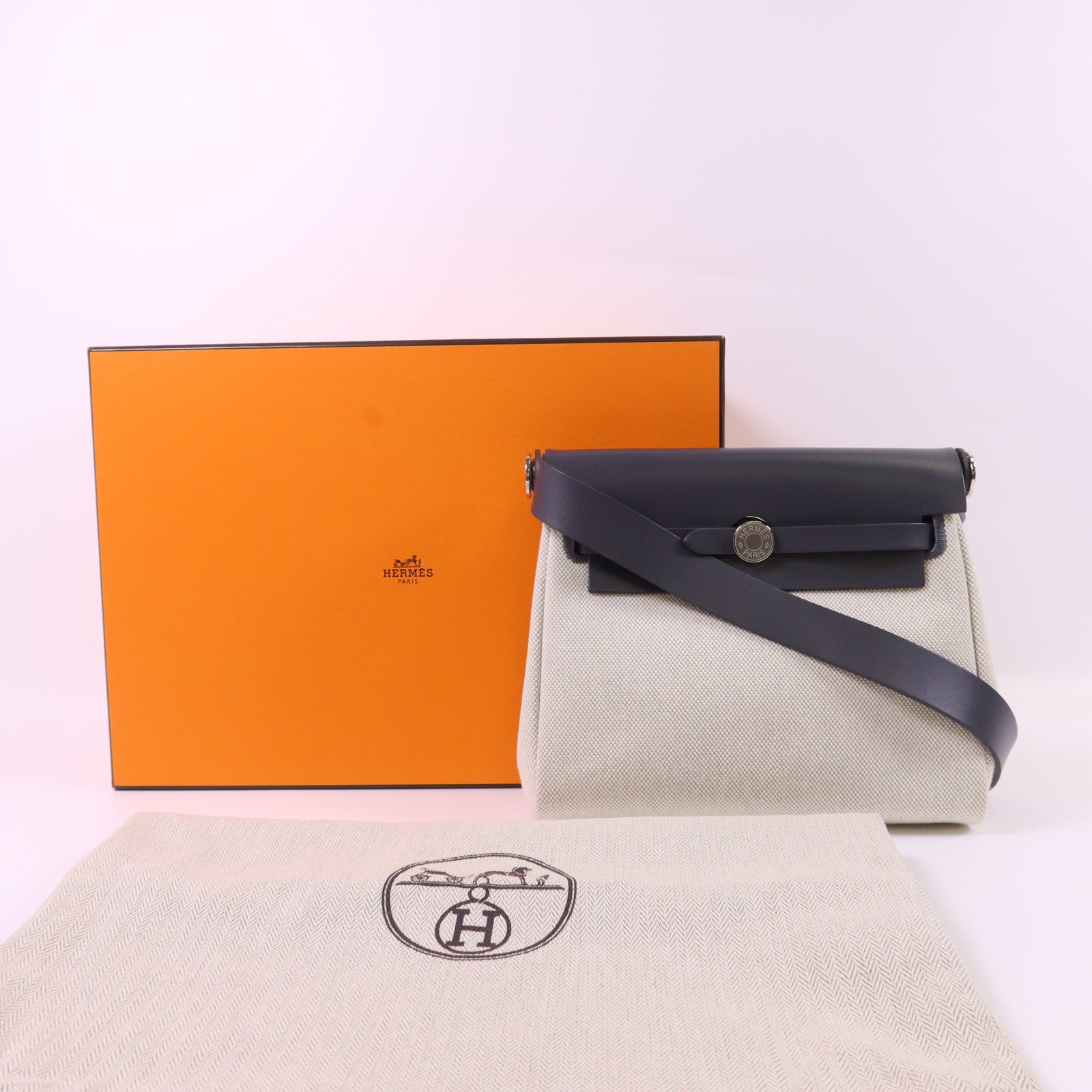 HERMES 帆布Mini Herbag銀扣肩背袋Ardoise