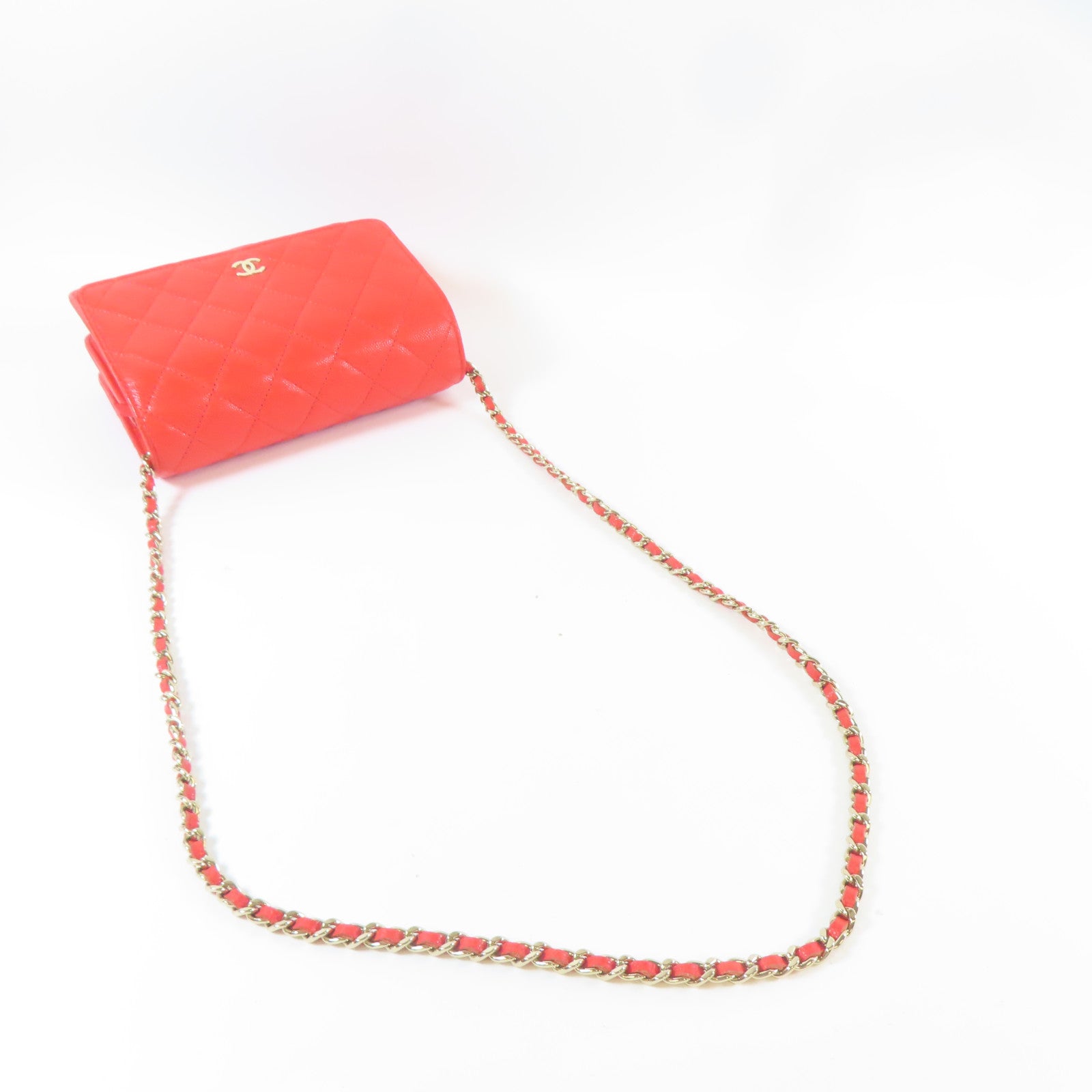 CHANEL 菱格Caviar皮革Chain Shoulder金扣鏈帶肩背袋紅色