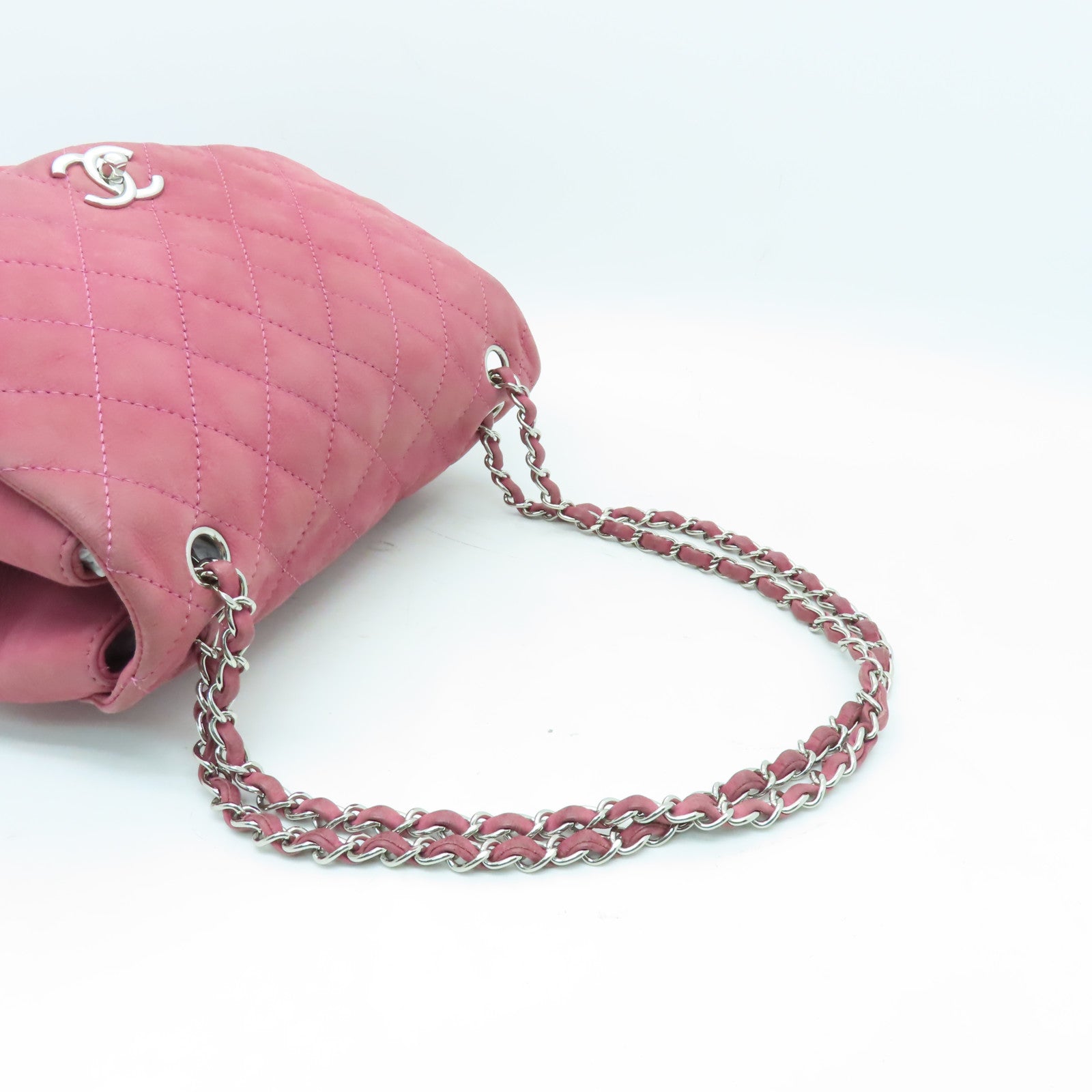 CHANEL 【清倉大減價】菱格牛皮皮革Chain Shoulder銀扣鏈帶肩背袋粉紅色