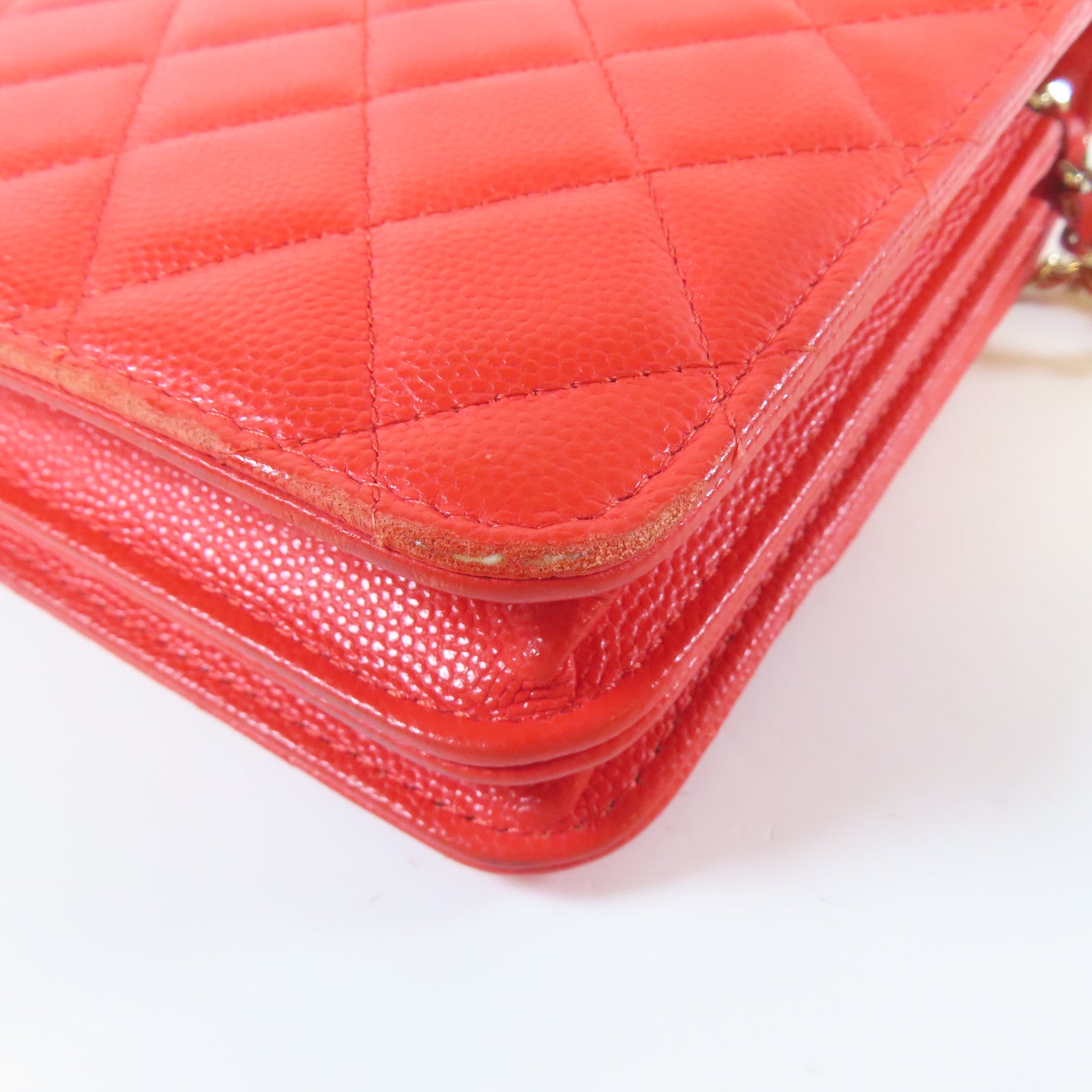CHANEL 菱格Caviar皮革Chain Shoulder金扣鏈帶肩背袋紅色