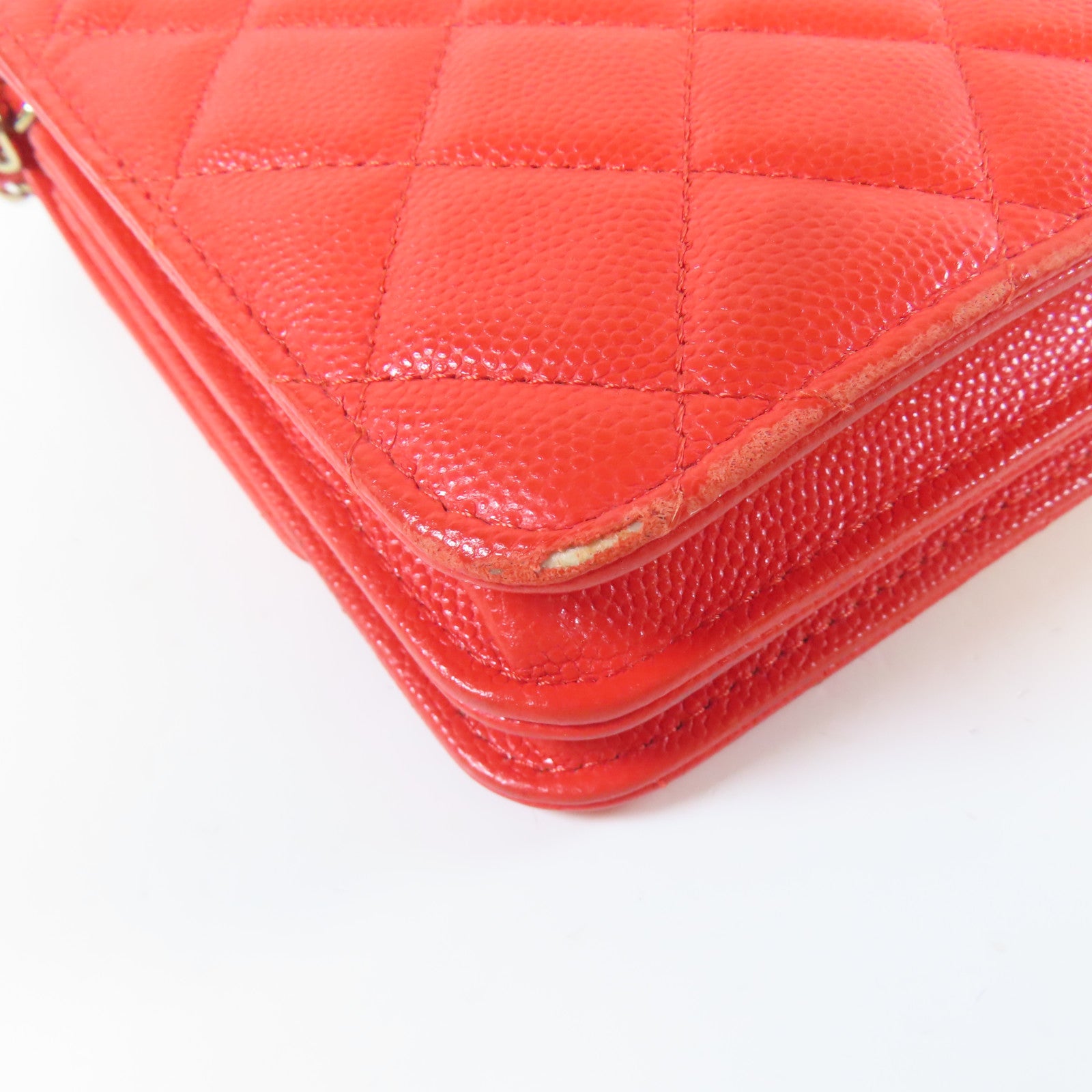 CHANEL 菱格Caviar皮革Chain Shoulder金扣鏈帶肩背袋紅色