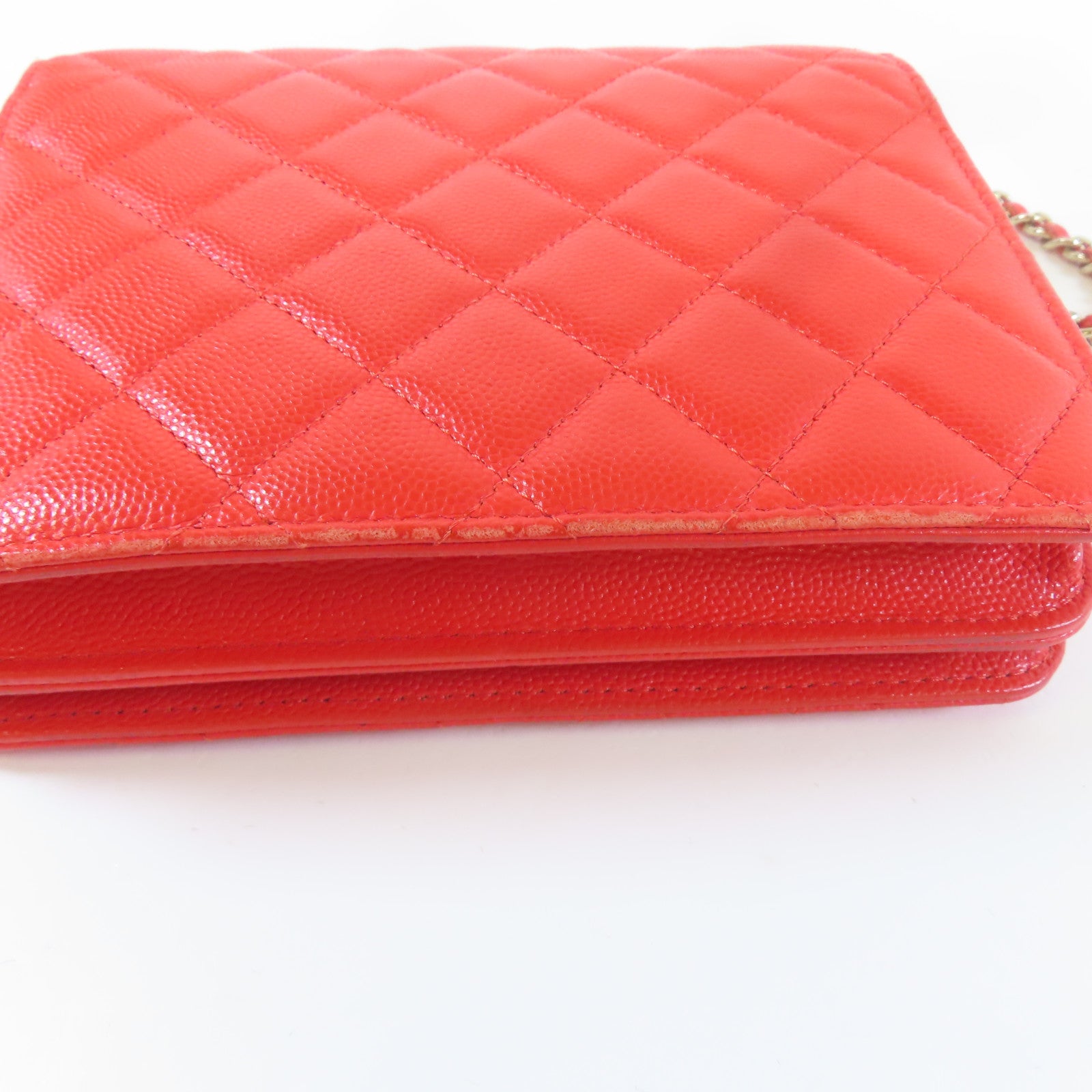CHANEL 菱格Caviar皮革Chain Shoulder金扣鏈帶肩背袋紅色