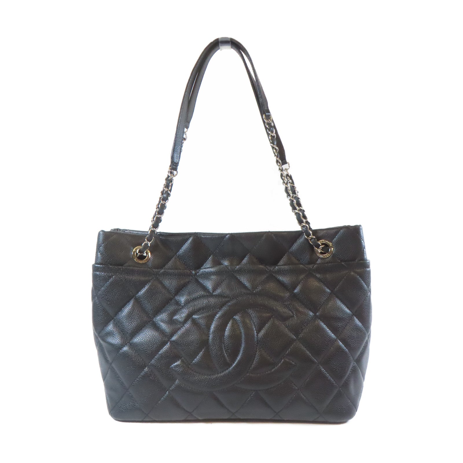 CHANEL 菱格Caviar皮革Totebag銀扣鏈帶肩背袋黑色