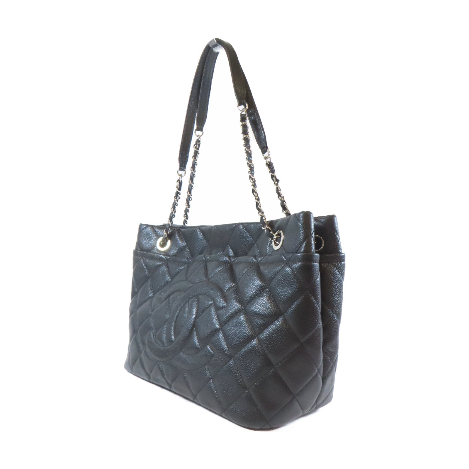 CHANEL 菱格Caviar皮革Totebag銀扣鏈帶肩背袋黑色