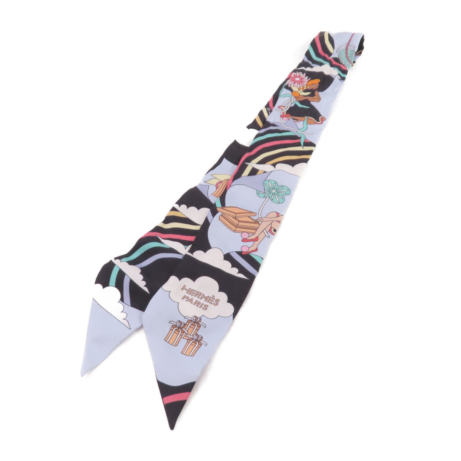 HERMES 絲質Twilly Scarf絲巾藍色/黑色/彩色