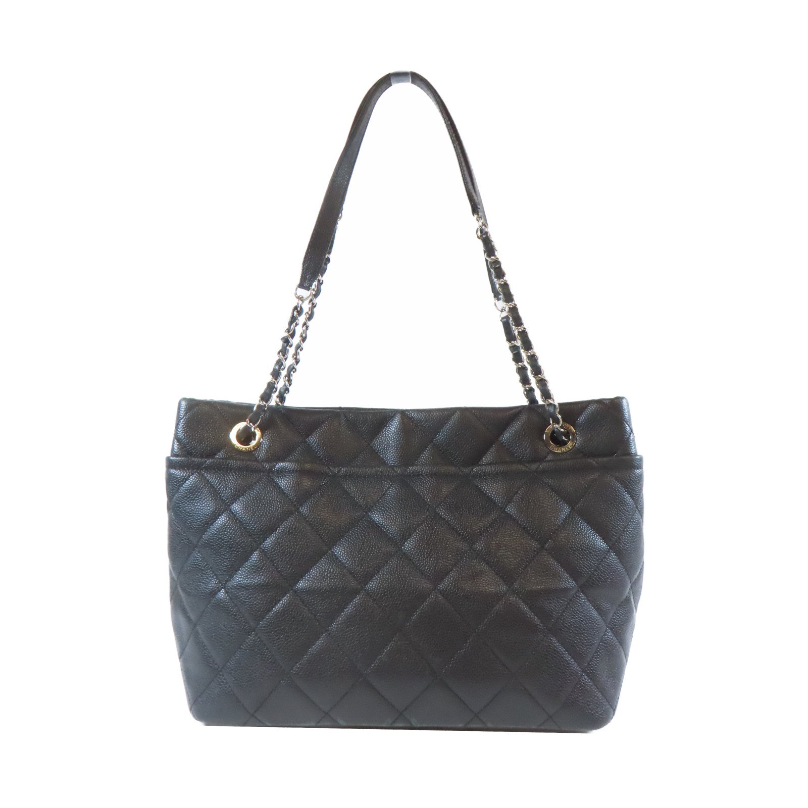 CHANEL 菱格Caviar皮革Totebag銀扣鏈帶肩背袋黑色