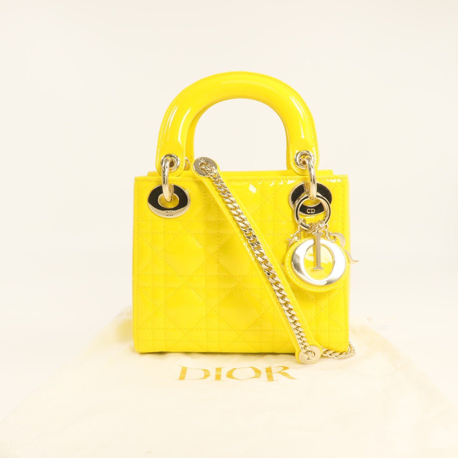 Dior 漆皮皮革Mini Lady Dior金扣鏈帶手挽肩背兩用袋