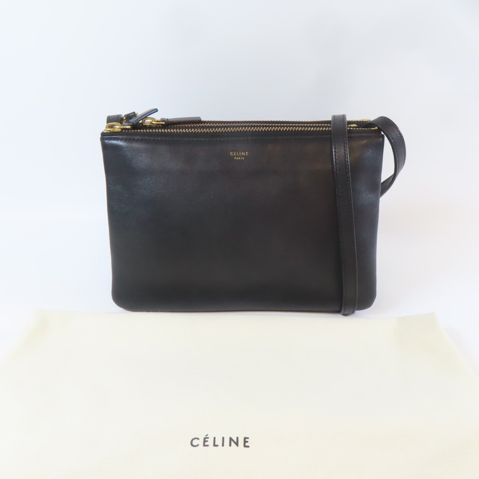 CELINE 羊皮皮革Trio金扣肩背袋黑色