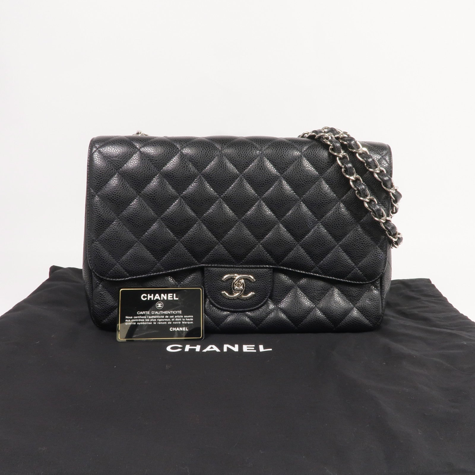 CHANEL 牛皮皮革Large Classic銀扣鏈帶肩背袋