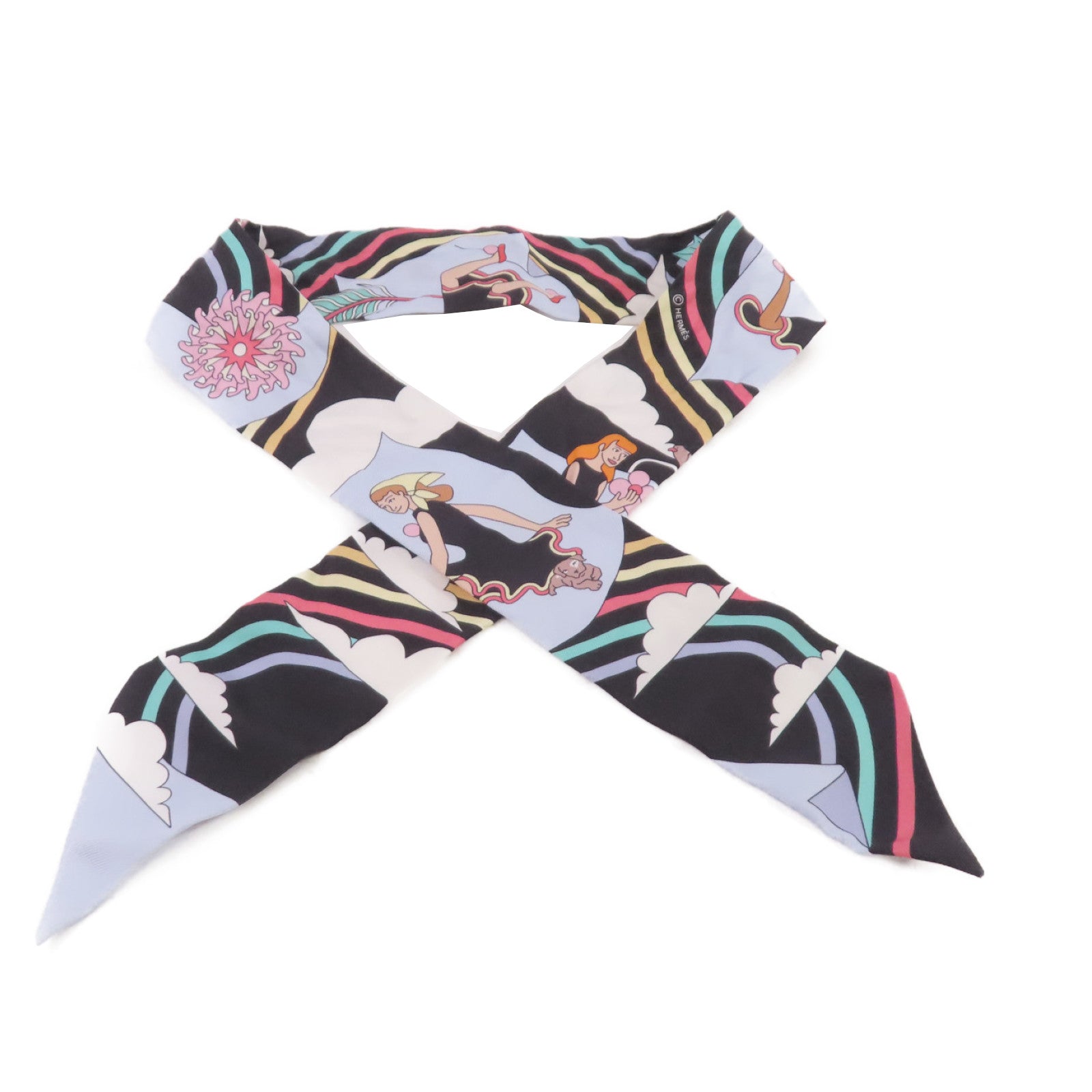 HERMES 絲質Twilly Scarf絲巾藍色/黑色/彩色