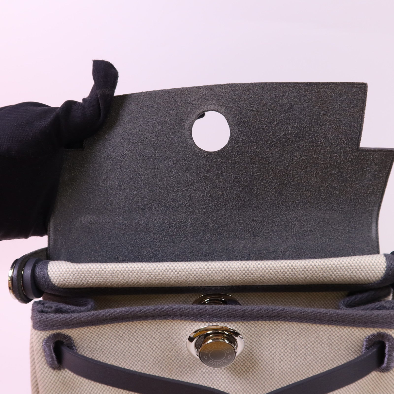 HERMES 帆布Mini Herbag銀扣肩背袋Ardoise