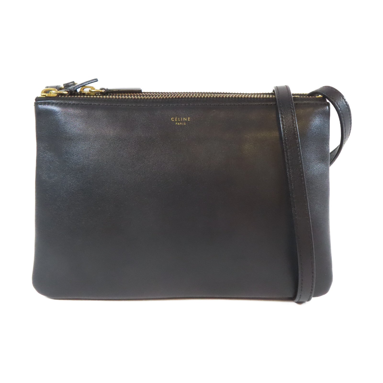 CELINE 羊皮皮革Trio金扣肩背袋黑色