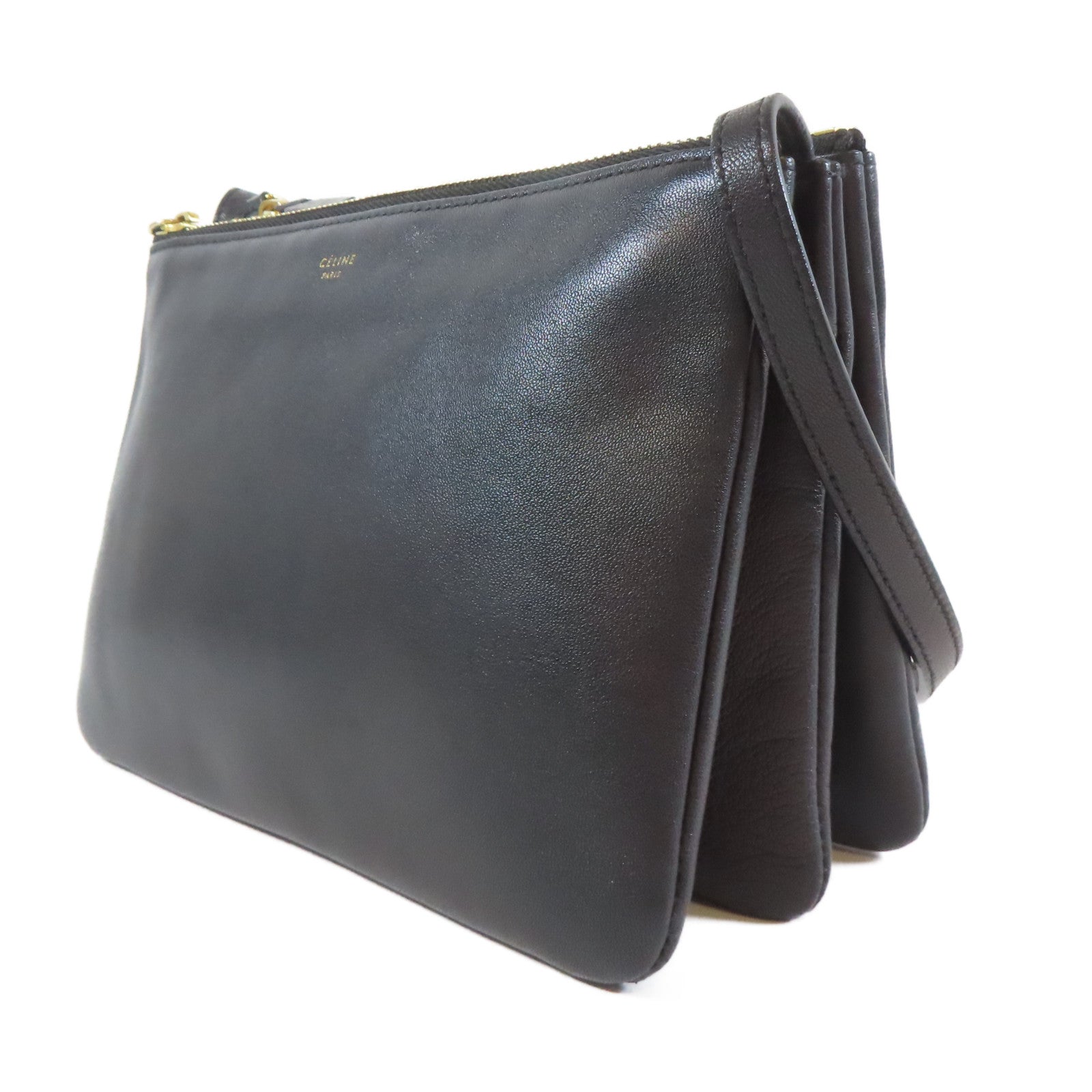CELINE 羊皮皮革Trio金扣肩背袋黑色