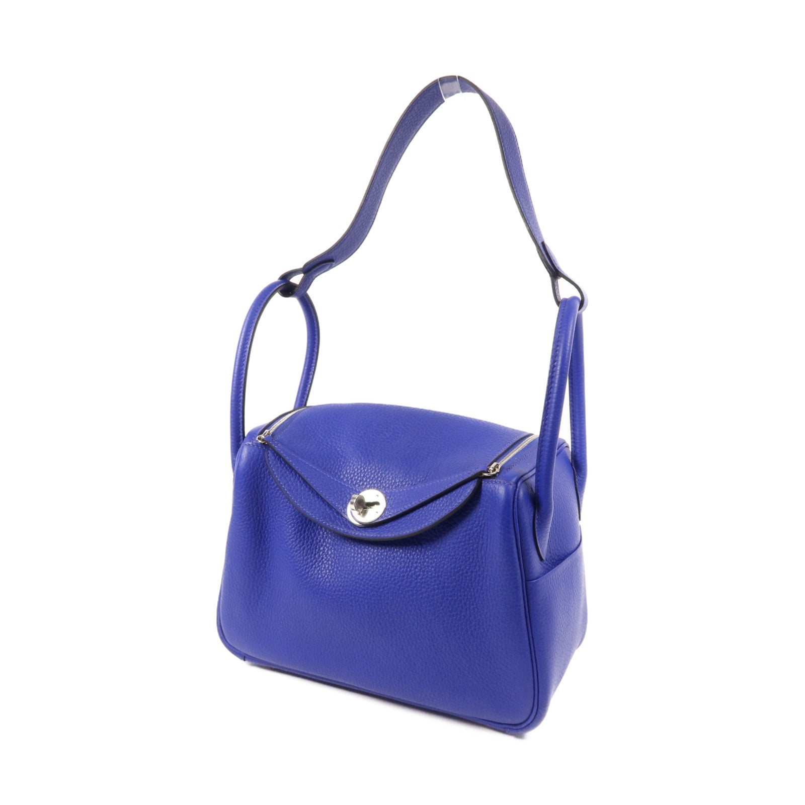 HERMES Clemence皮革Lindy 26銀扣手挽肩背兩用袋Bleu Electrique