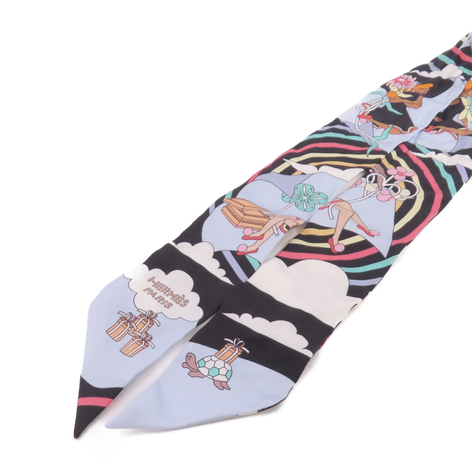 HERMES 絲質Twilly Scarf絲巾藍色/黑色/彩色