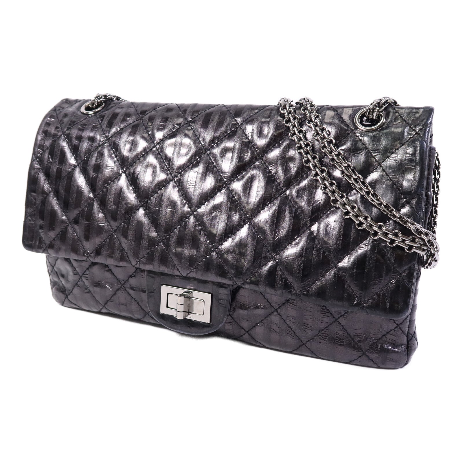 CHANEL 牛皮皮革2.55 Large銀扣鏈帶肩背袋