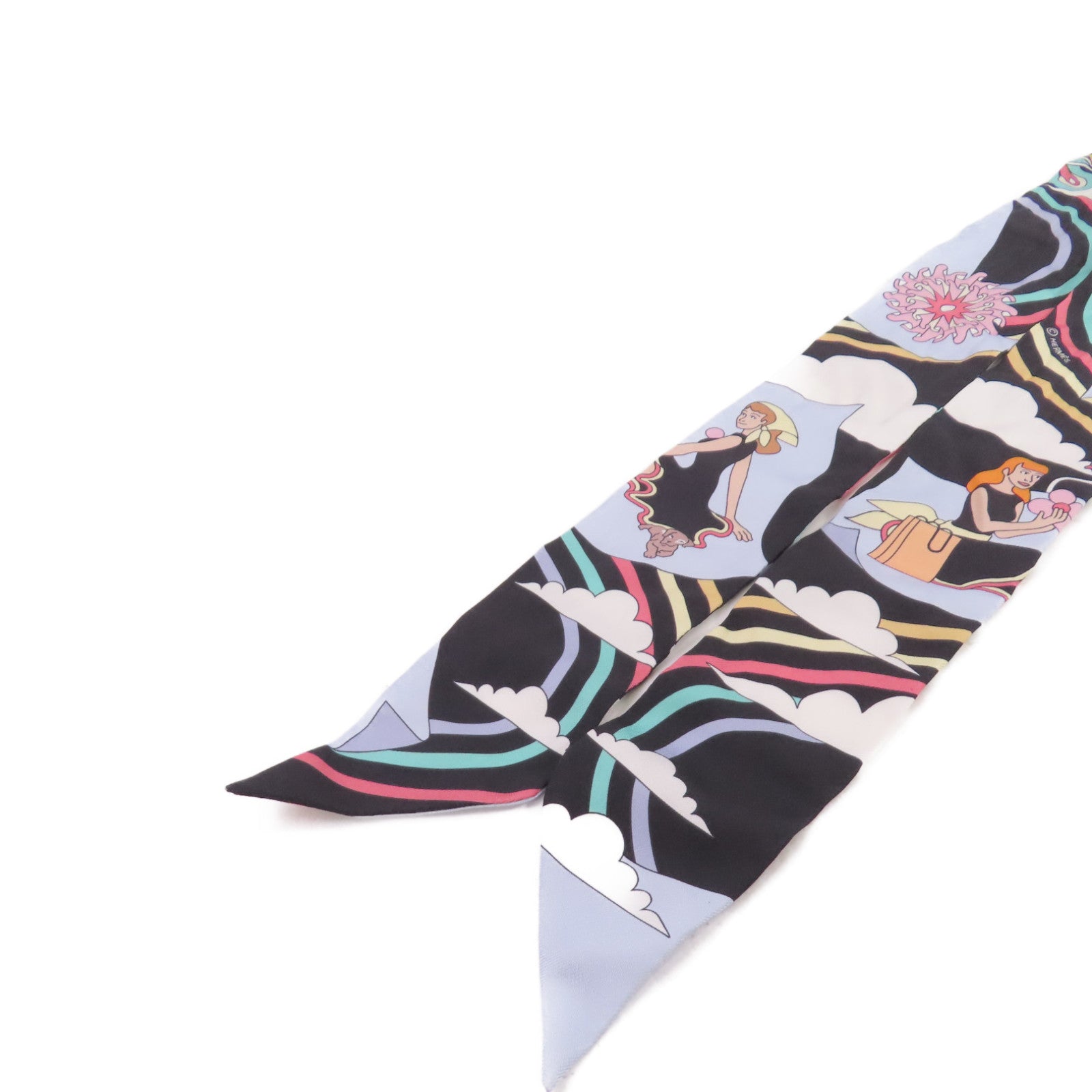 HERMES 絲質Twilly Scarf絲巾藍色/黑色/彩色