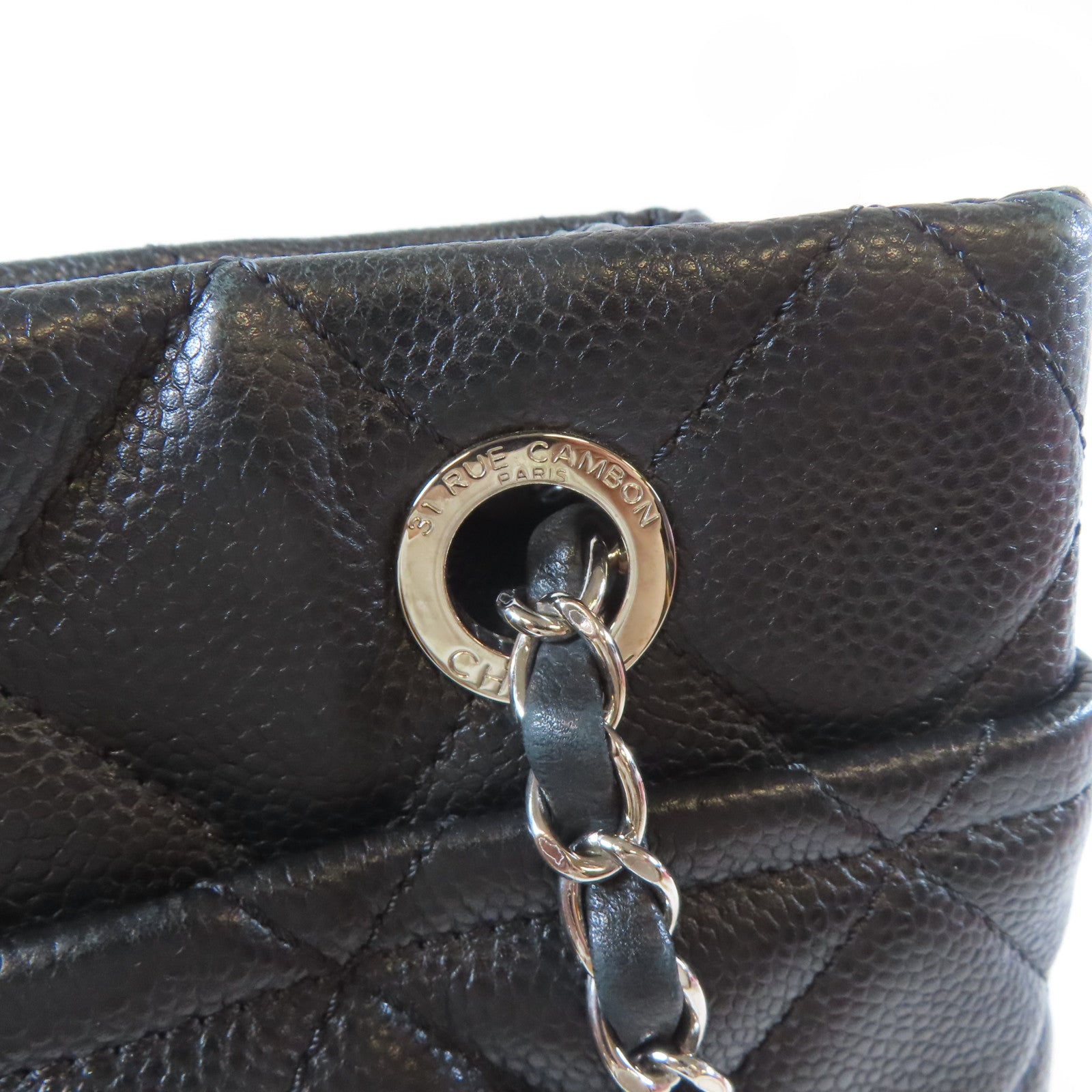 CHANEL 菱格Caviar皮革Totebag銀扣鏈帶肩背袋黑色
