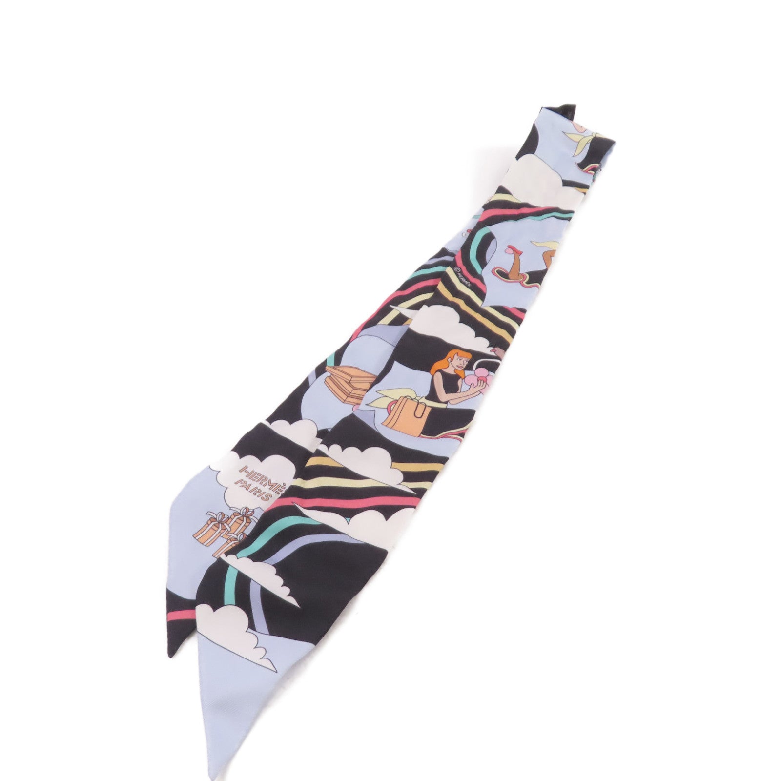 HERMES 絲質Twilly Scarf絲巾藍色/黑色/彩色